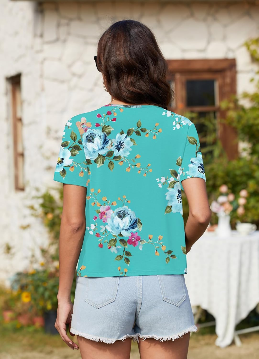 ArtJuly Womens Floral Tops Sexy V Neck Shirts Cute Short Sleeve Crop Tops Cutout Casual Tie Summer Blouse (Flower3,M) - Image 4