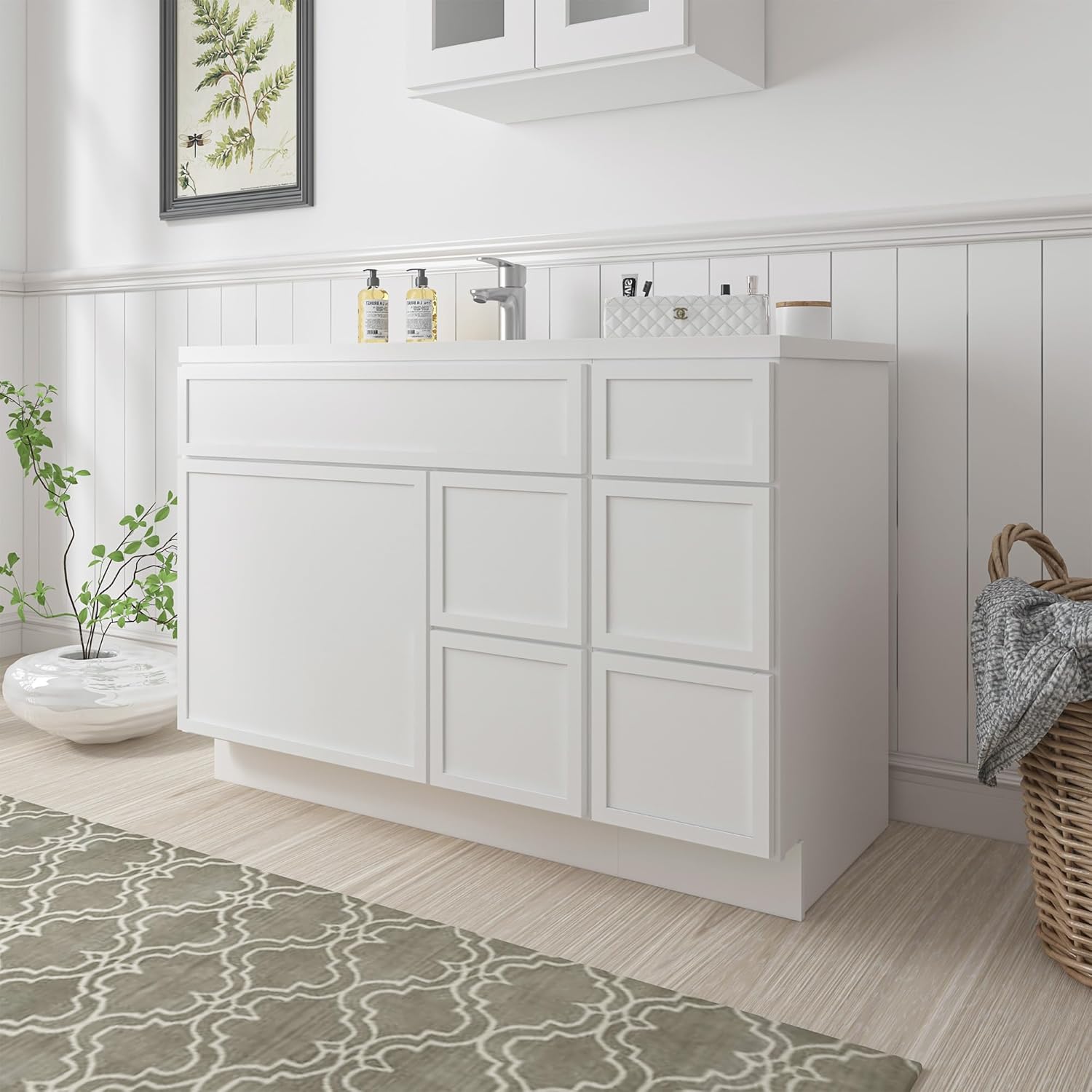 HOMEBEYOND 48 Inch Bathroom Vanity Cabinet Without Top,Unassembled Bathroom Vanity Storage Base Cabinet with Door and Shaker Drawer,Sturdy Floor Mounted Cabinet,White