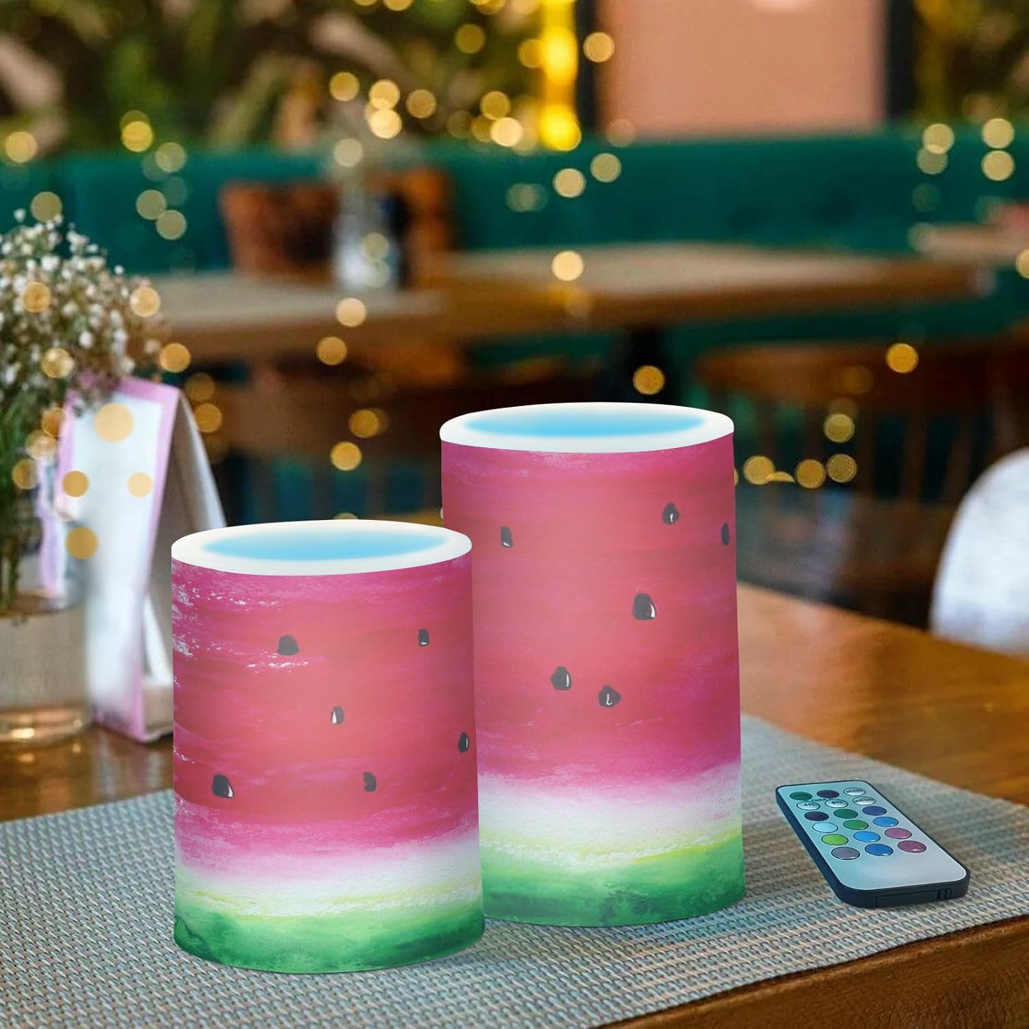 Eionryn Red Watermelon Flameless Candles Summer Tropical Fruits Battery Operated LED Candles with Remote Timer Electric Candles for Home Party Decor 2pcs