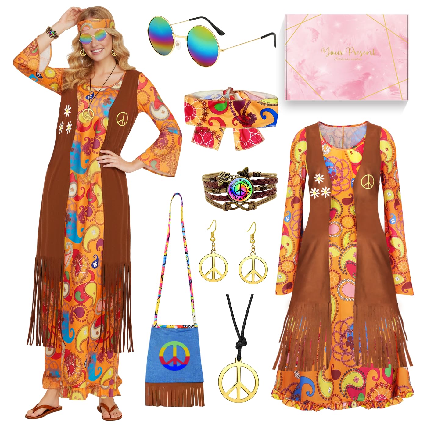 Disfraz Hippie Mujer, Vestido Hippies Naranjas y Accesorios, Disfraz Años 70 Mujer, Chaleco y Vestido con Flecos de Los 70 60, para Halloween, Carnaval, Fiestas Navideñas y Cosplay