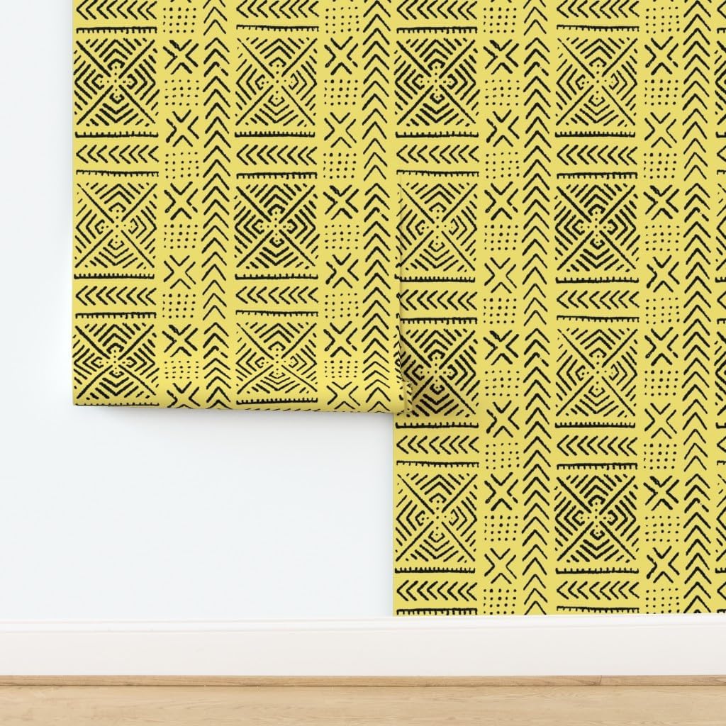 Peel & Stick Wallpaper 3ft x 2ft - Line Mud Cloth Yellow Large Africa African Tribal Afrocentric Custom Removable Wallpaper by Spoonflower