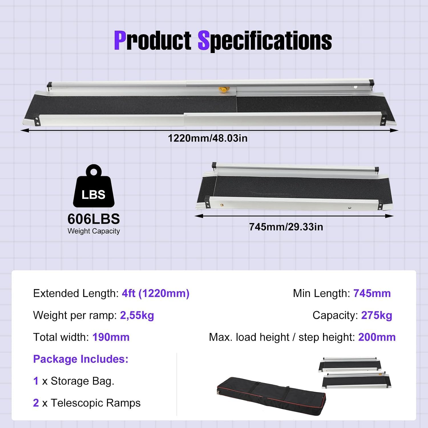2 Rampas Telescópicas Portátiles para Sillas De Ruedas | Rampa para Umbrales De Puertas Y Escaleras, Capacidad De Carga De 275 Kg, Longitud Extendida De 122 Cm Y Altura Máxima del Escalón De 200