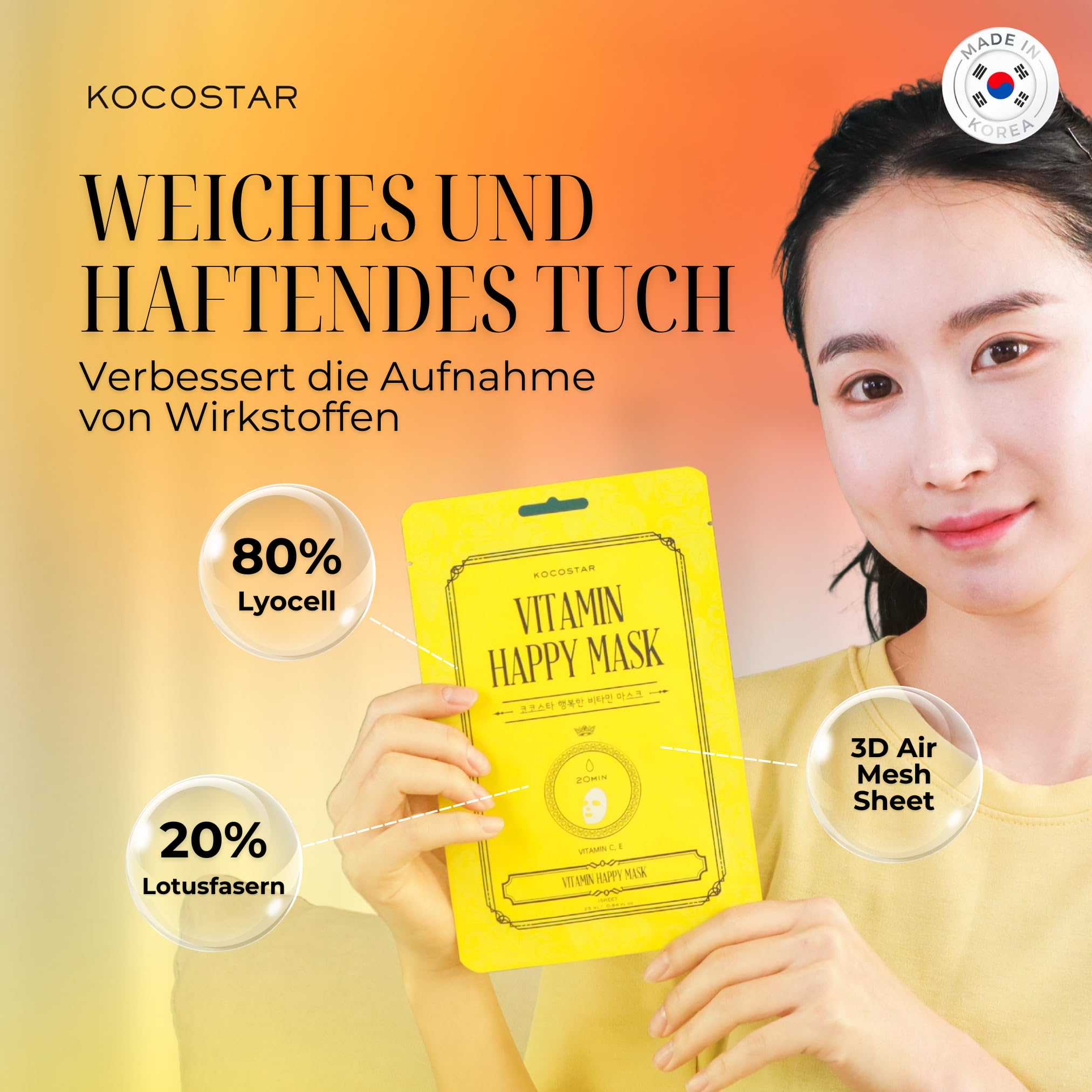 Kocostar I Caja 10 Unidades Vitamin Happy Mask I Mascarilla Facial Coreana I Con Vitaminas C y E y Antioxidantes I Protege Contra Radicales Libres y Fotoenvejecimiento