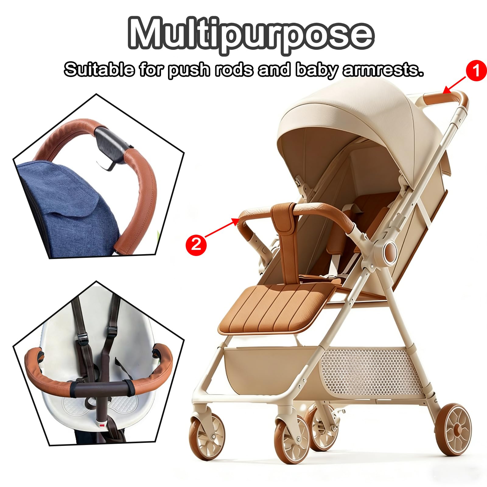 2PCS Copri Maniglia Passeggino Nero, Copri Maniglie per Carrozzina in Pelle di Pu, Protezione Della Maniglia Per Carrozzina,Impermeabile,Impugnatura Antipolvere Copertura