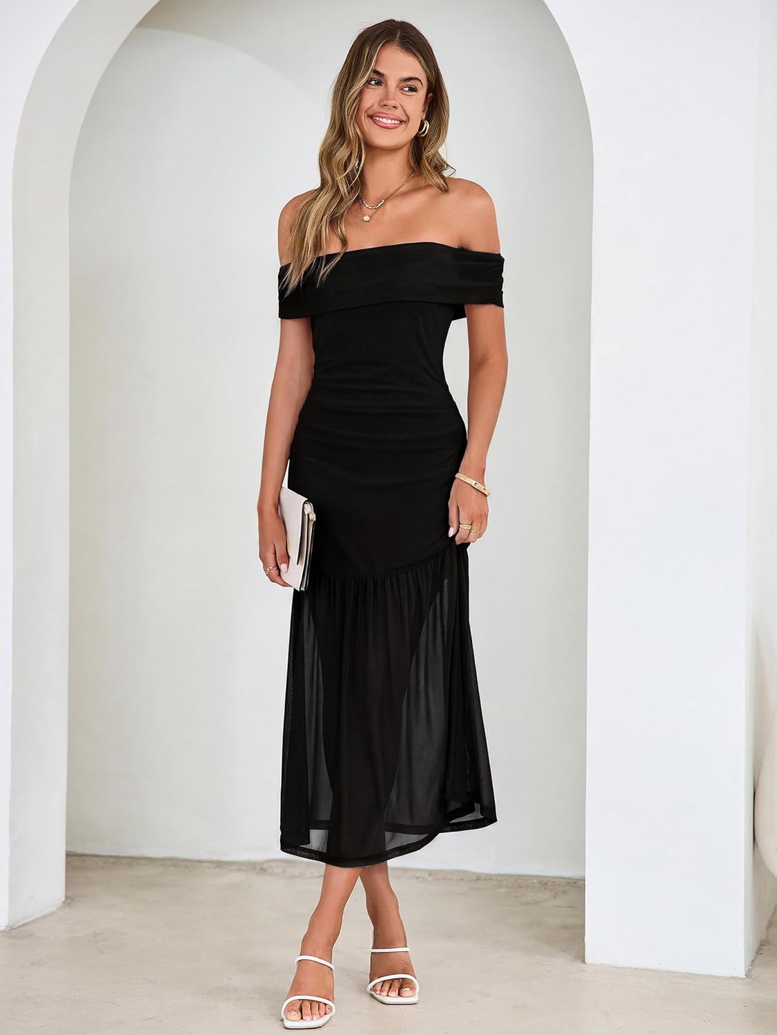 Simplee Womens Summer Off Shoulder Maxi Dress 2026 Ruched Bodycon Flowy Tulle Formal Cocktail Wedding Guest Long Dresses - Image 3