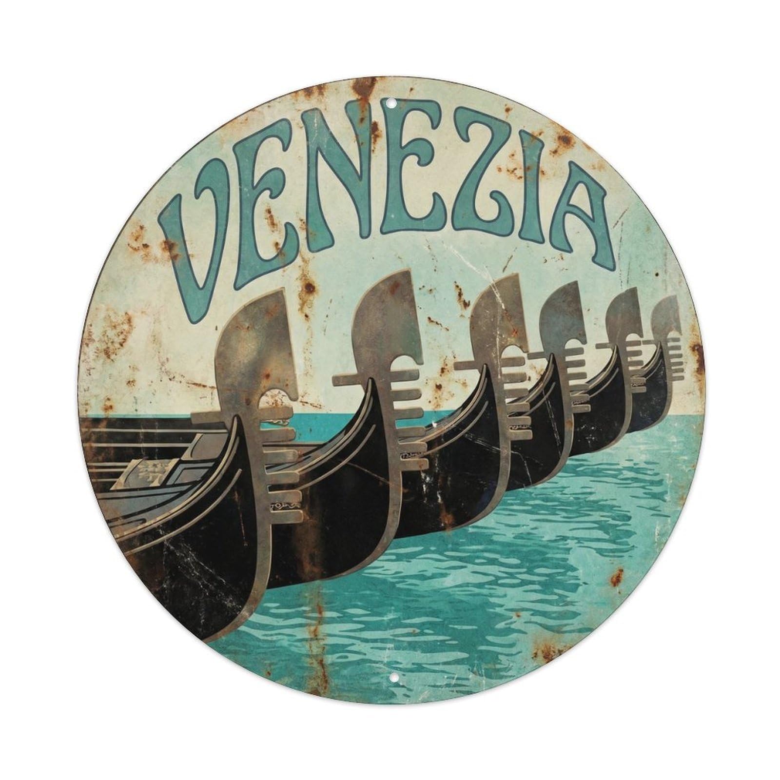 Retro Gondola Venice Canal Italian Vacation Heritage Scenic Metal Tin Sign Plaque Wall Decor for Cafe, Man Cave, Club Bar, Office, Home Garden Round Metal Poster 8x8Inch