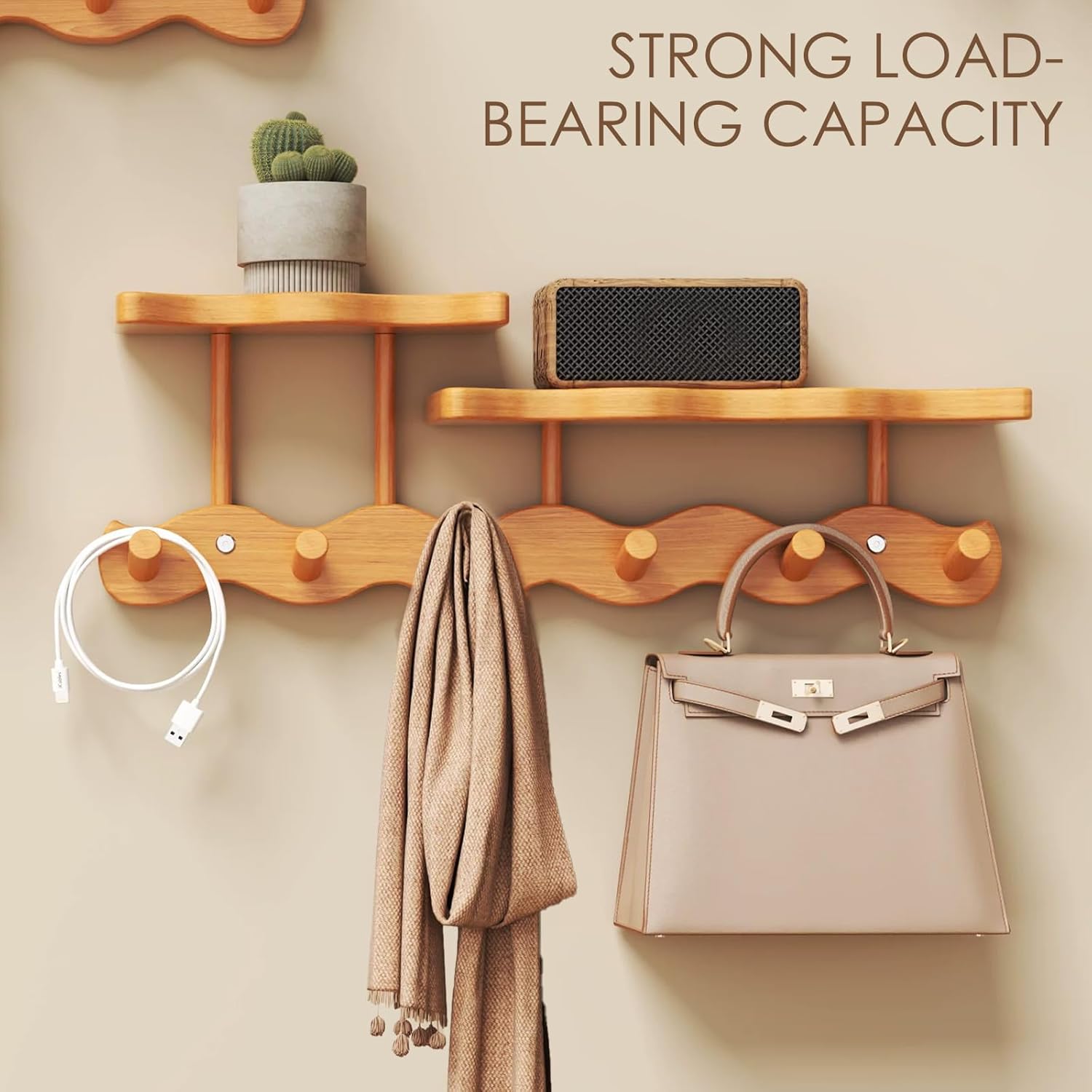 Wall-Mounted Coat Rack with Shelf, Wooden Coat Hanger with 6 Sturdy Hooks, Drill-Mounted Design for Hanging Clothes, Hats, Towels, Bags, and Robes (Natural Color)