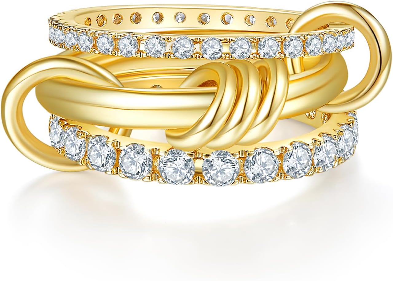 BORUO Waterproof Fidget Ring | 14K Gold Plated Interlocked Stackable Rings for Women | Statement Multi Stack | Cubic Zirconia Two-Toned Stackable Bands Stacking Jewelry Size 4-12