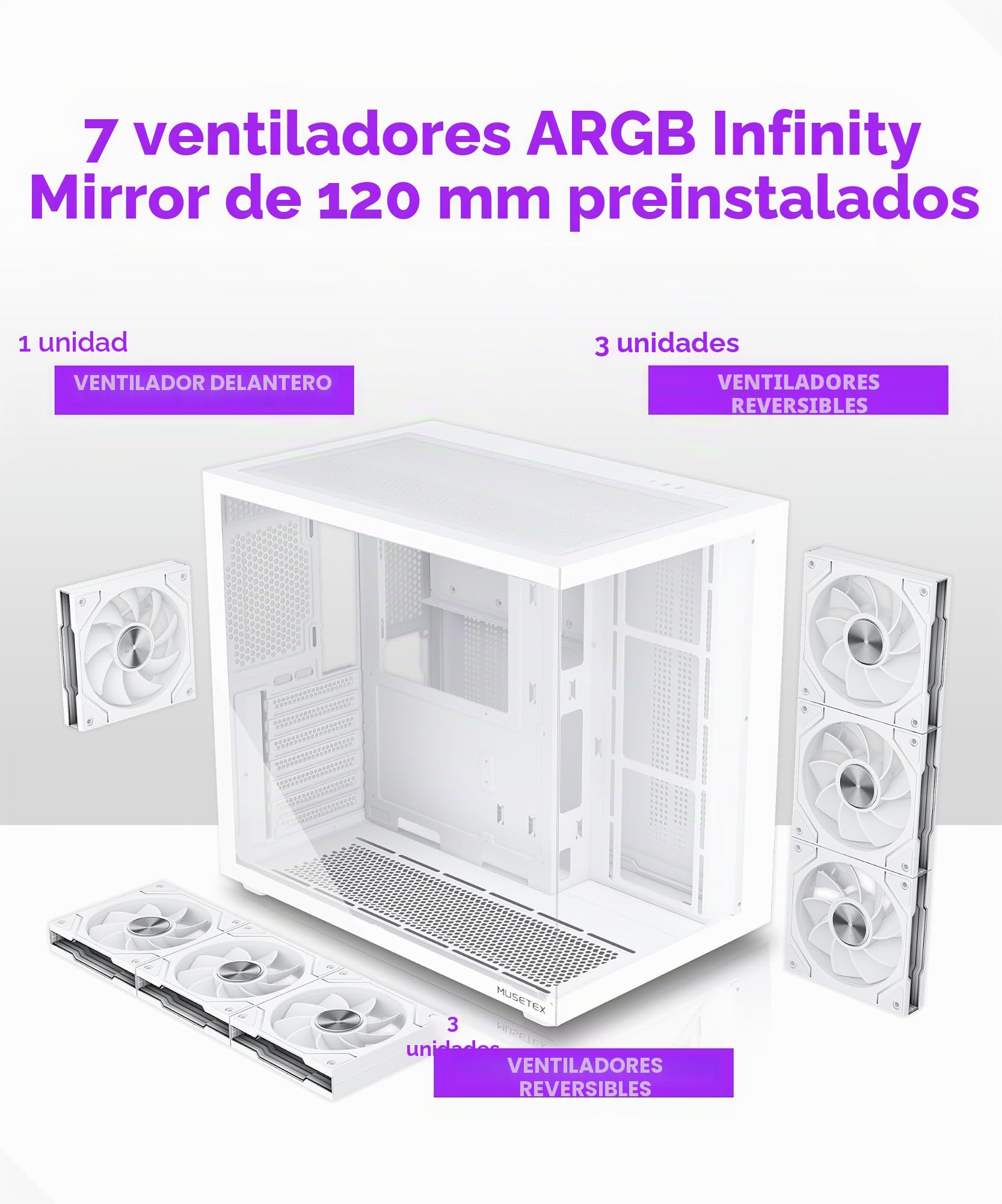 MUSETEX Y6 Caja PC ATX Torre Mediana, 7 Ventiladores PWM ARGB Espejo Infinito, Tipo-C, Cristal Templado 270°, Blanco