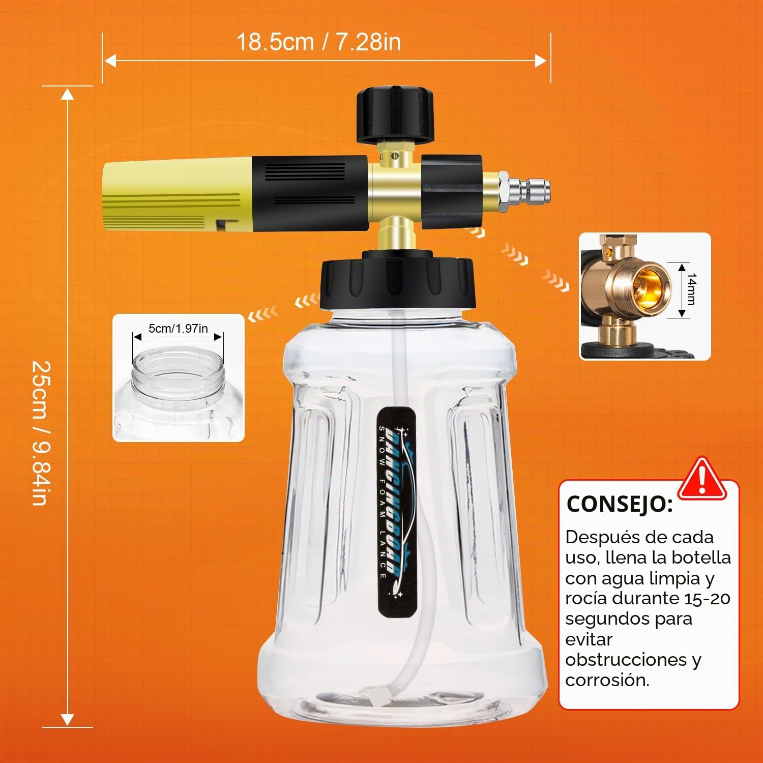 Lanza de Espuma de Nieve Compatible con Pistola Hidrolimpiadora de 1/4 de Conexión Rápida, Dispensador de Jabón Ajustable de 1L con Boquilla Pulverizadora de Nueva Generación (Negro y Amarillo)