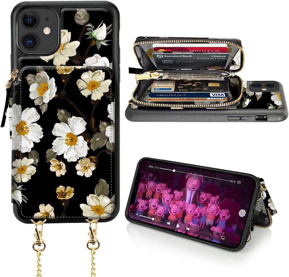 LAMEEKU iPhone 11 Wallet Case, iPhone 11 Card Holder Case, Floral Flower Pattern Design Zipper Leather Case with Credit Card Slot Crossbody Chain, Protective Cover for iPhone 11 6.1''-Peony Flower