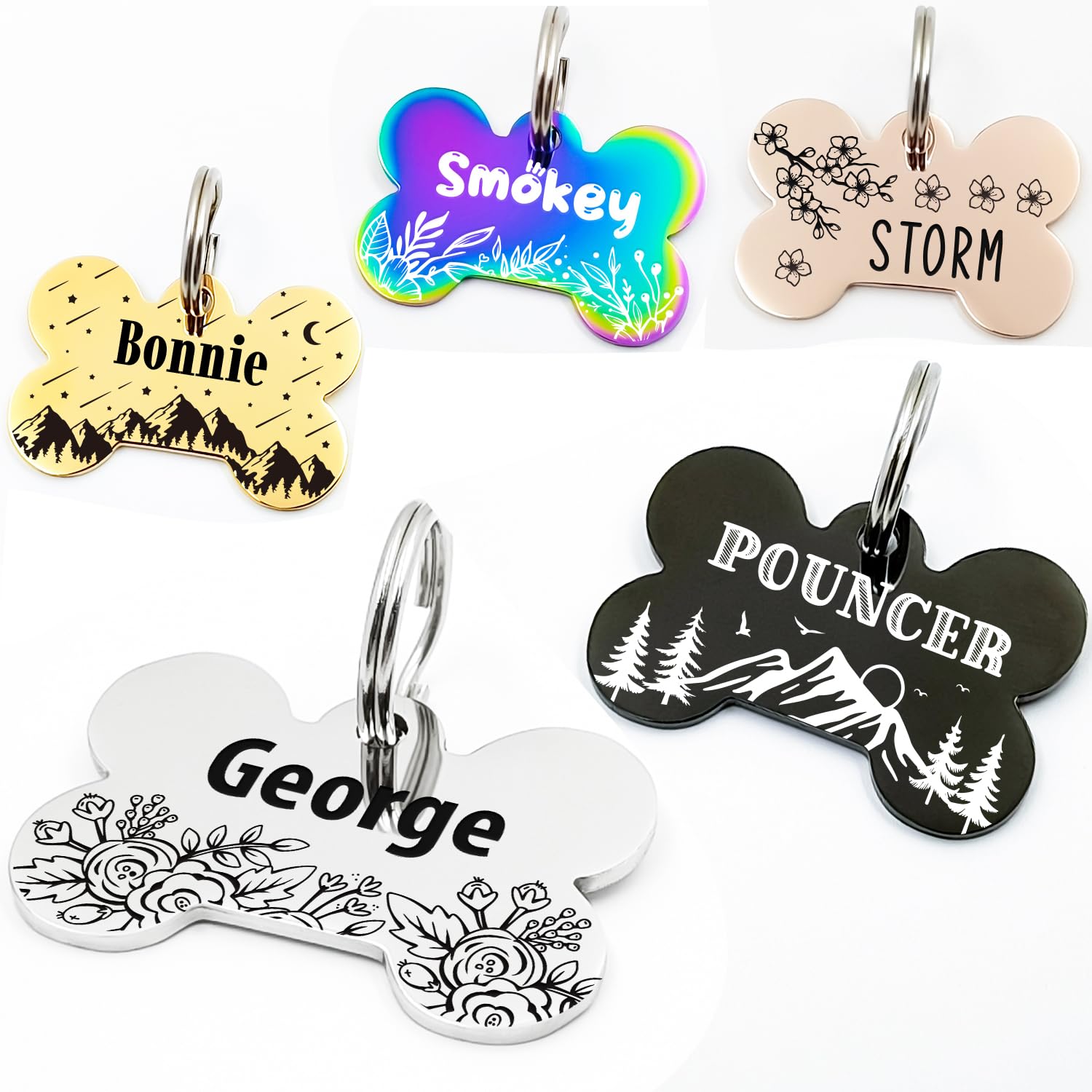 Personalized Pet ID Tags, Customizable Hexagon, Bone and Round Shapes, Multiple Designs with Mountain, Floral, and Night Sky Patterns, Stainless Steel
