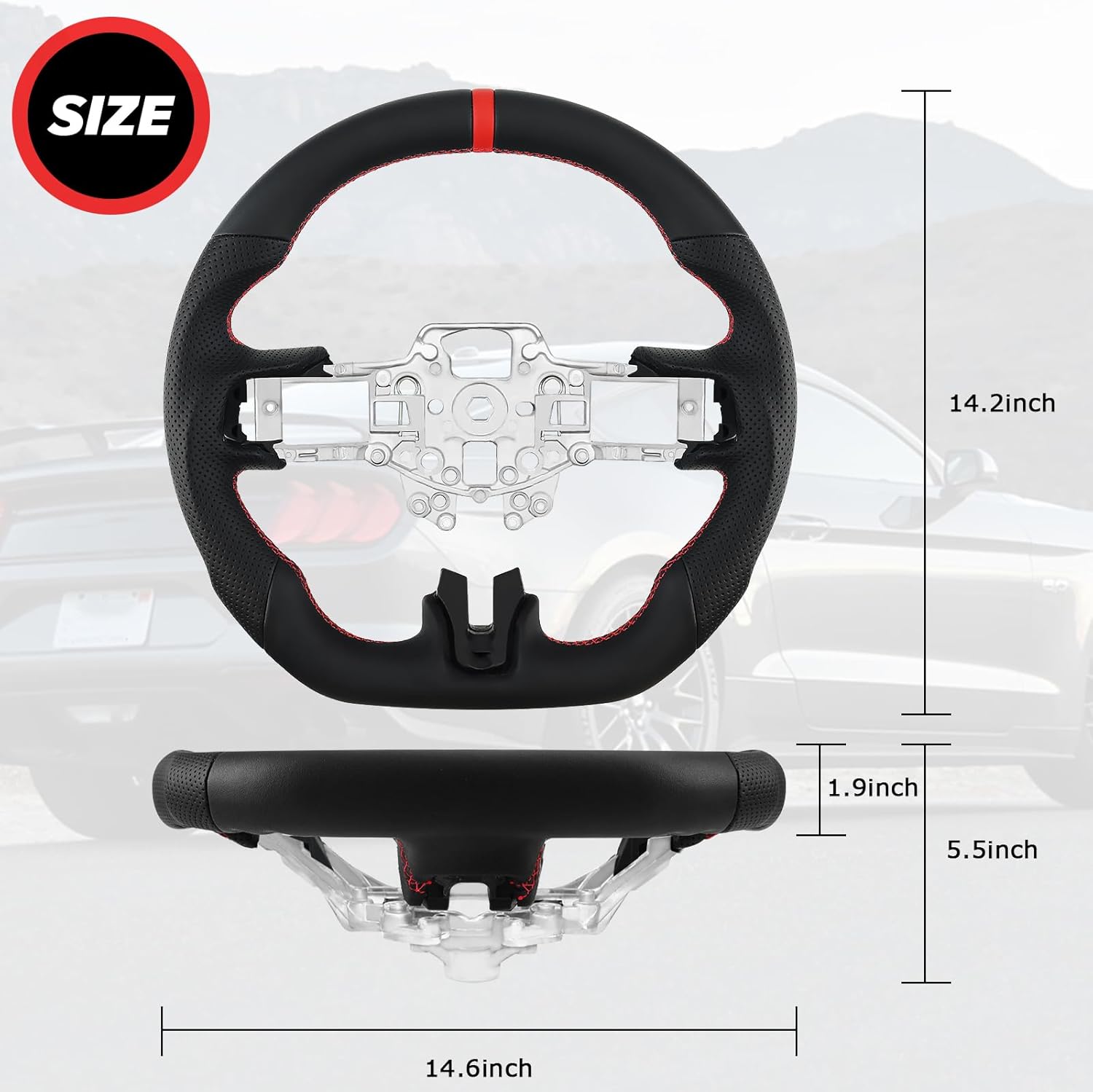 LOSCHEN Full Leather Steering Wheel for Mustang EcoBoost/GT/Shelby GT350/GT350R 2015-2017, Perforated Leather Steering Wheel, D-shaped Flat-bottom