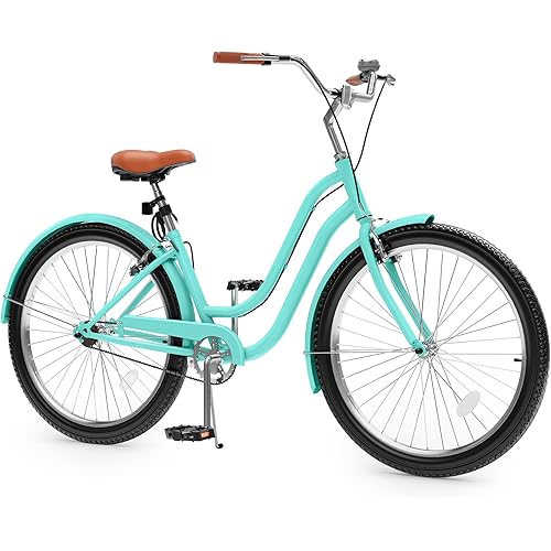 YITAHOME 24 & 26 Inch Beach Cruiser Bike, 7 Speed & Single Speed Commute Bike, Step-Through Bicycle for Adult Women & Men, Steel Frame Cruiser Bike with Full Front & Rear Fenders