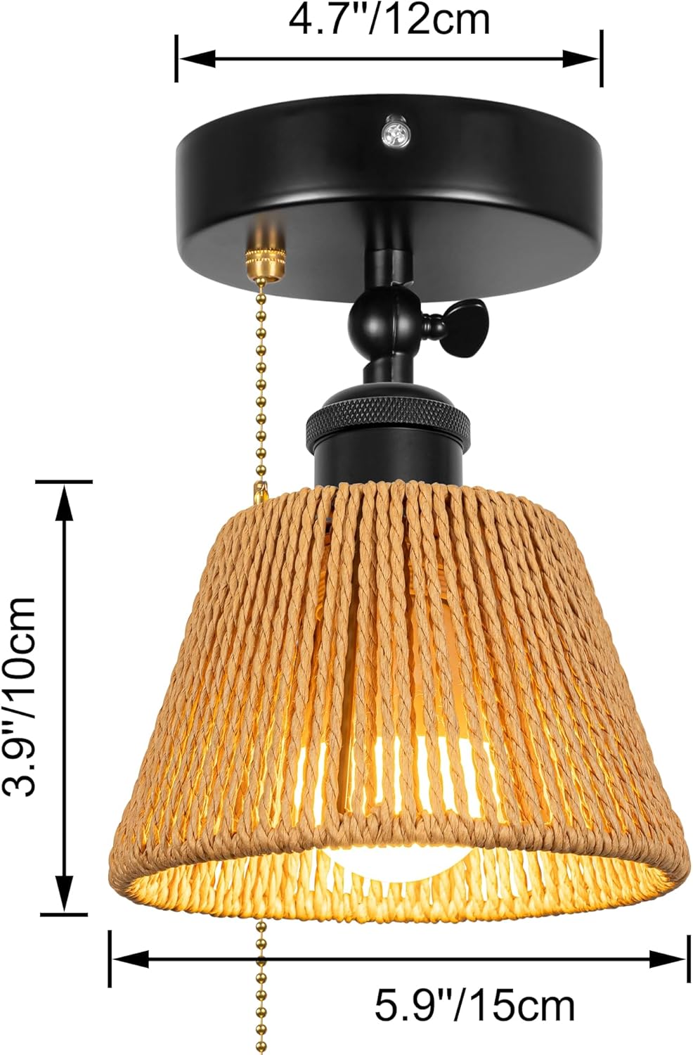 Adjustable Light, Zipper Switch 12V RV Industrial Natural Boho Wicker Hand Woven Rattan Cover, E26 Socket Semi Flush Mount Interior Lighting Decorative for Boat Camper Hallway