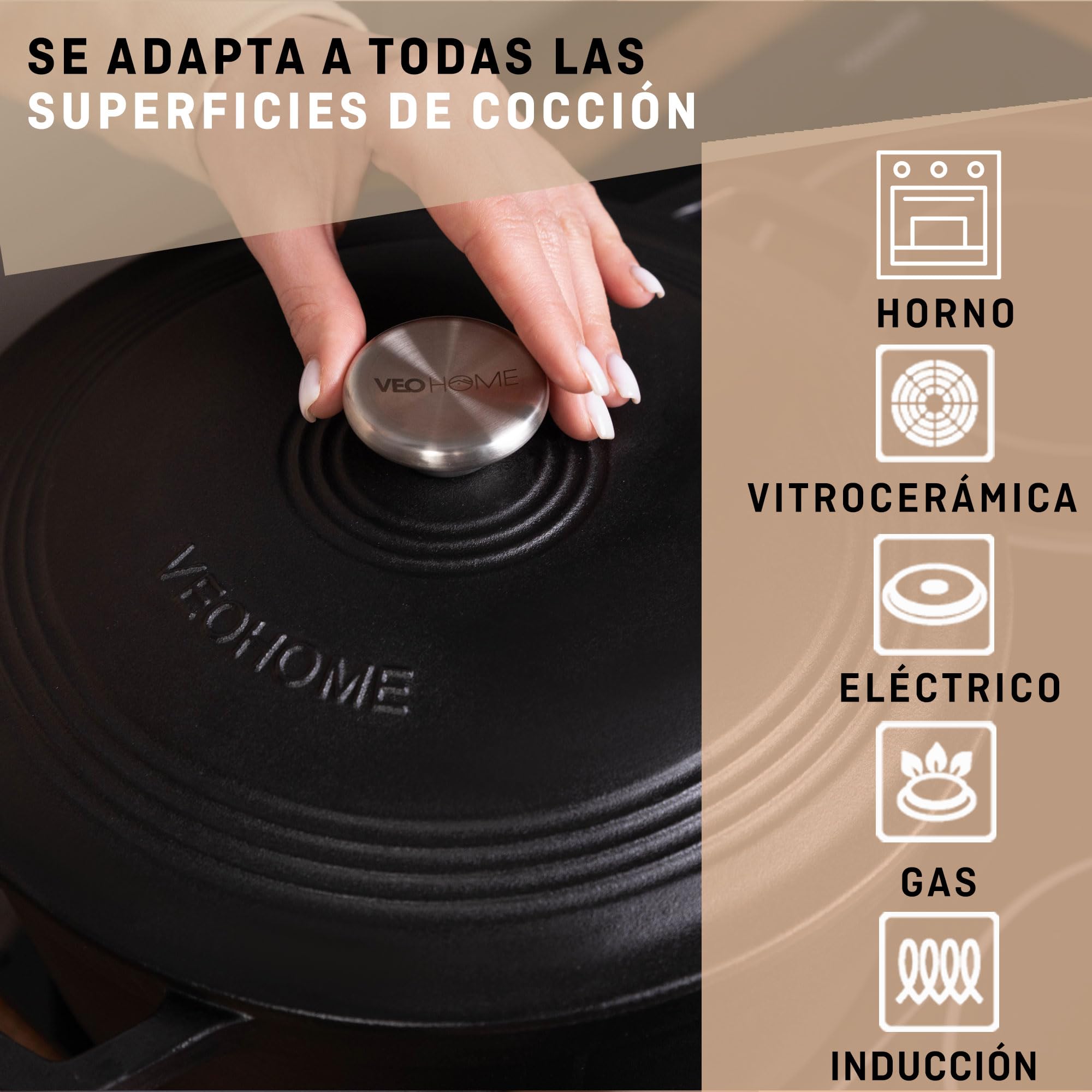 Cazuela de hierro fundido negro mate 6 litros - Olla de hierro fundido compatible con inducción y todas las fuentes de calor. Guiso versátil - caldero diámetro 28cm