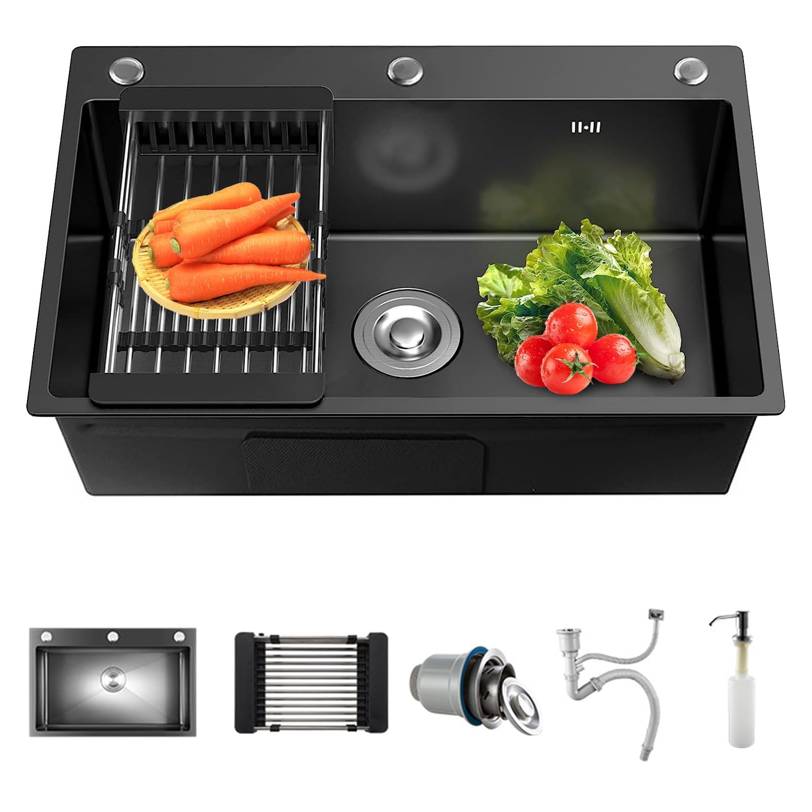 Fregadero Cocina Fregadero Acero Inoxidable 304, Fregadero de Cocina Multifunción con 3 Agujeros, Fregadero Cocina 1 Seno (negro, 50 x 40 cm)