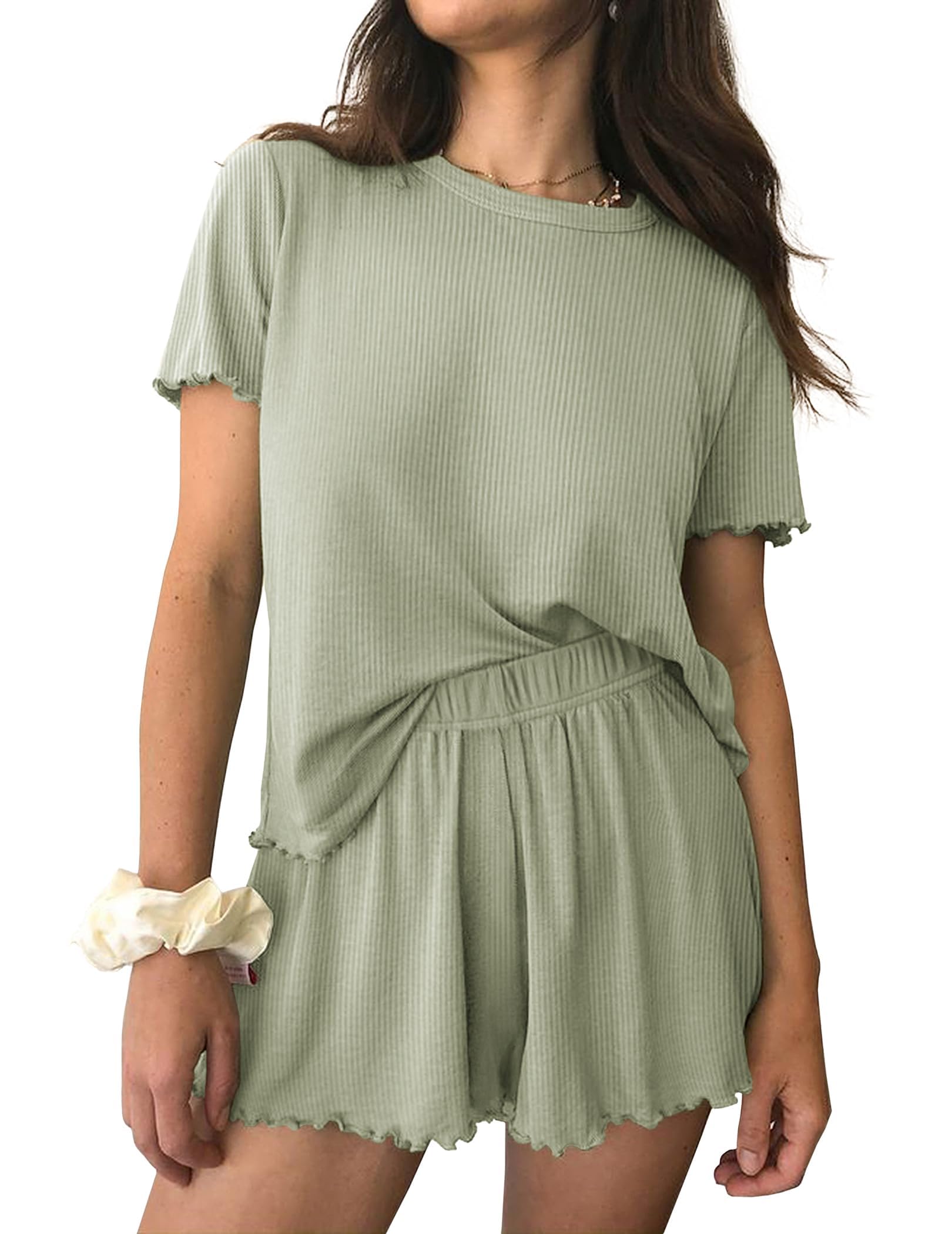 Ekouaer Damen Schlafanzug Gestrickt Pyjama Set Rundhals Kurz Nachtwäsche Mit Rüschen Zweiteiliger Weich S-XXL