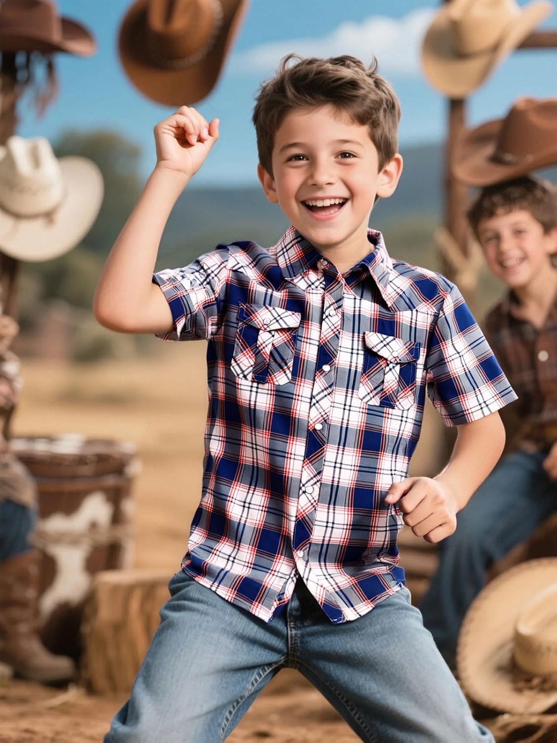 COSLAND Boy's Toddler Cotton Western Short Sleeve Button Down Plaid Shirt, 4-14 Years - Image 2