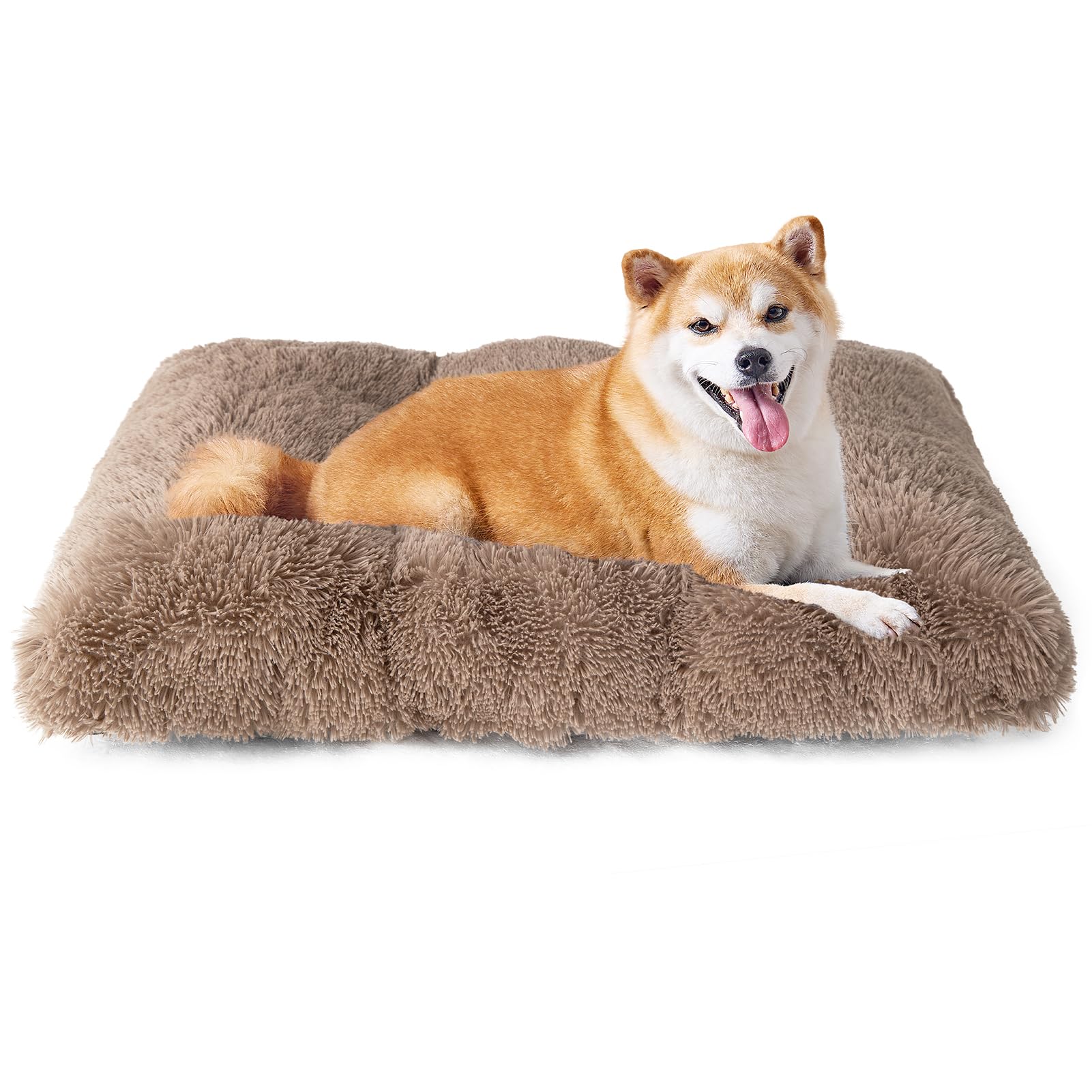 EHEYCIGA Fluffy Dog Crate Bed Large, Calming Anti Anxiety Pet Bed Washable, Dog Mat Mattress for Crate with Anti-Slip Bottom, Camel, 90x60x9cm