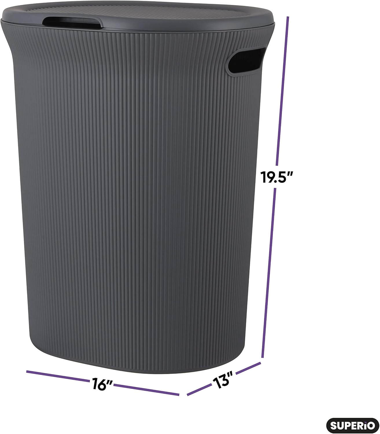 Superio Ribbed Collection - Decorative Plastic Laundry Hamper with Lid and Cut-Out Handles, Grey (2 Pack) Basket Organzier for Bedroom Bathroom College Dorm Room 40 Liter