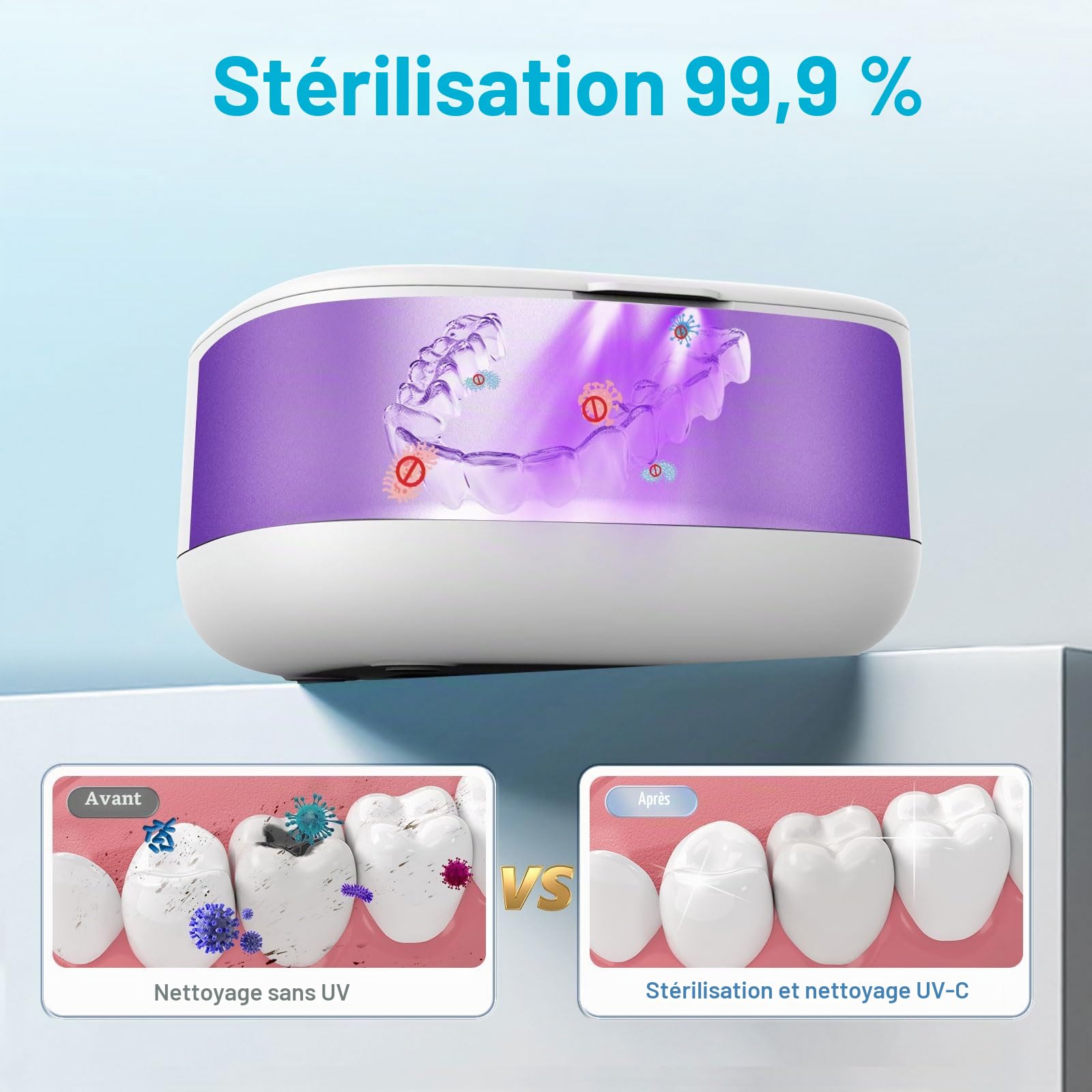 Nettoyeur ultrasons avancé pour prothèses dentaires, protège-dents, appareils orthodontiques, têtes brosse dents, bijoux, système purification triphasé 52 kHz
