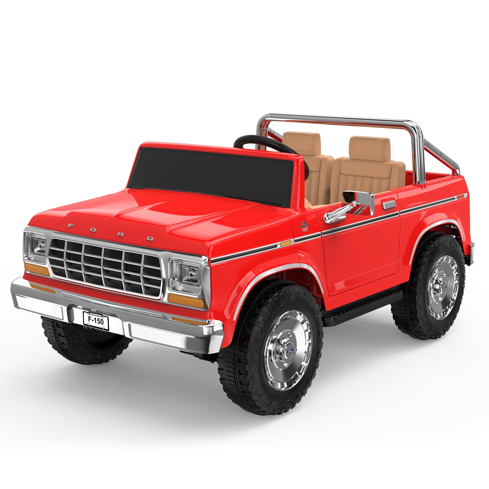 ANPABO Licensed Ford F-150 24V 2 Seater Ride on Car for Kids, 4x100W Motors Electric Car for Boys & Girls with Remote Control, Retro Style, 3-Speeds, Large Storage Box, Music Player, Aged 3-8, Red