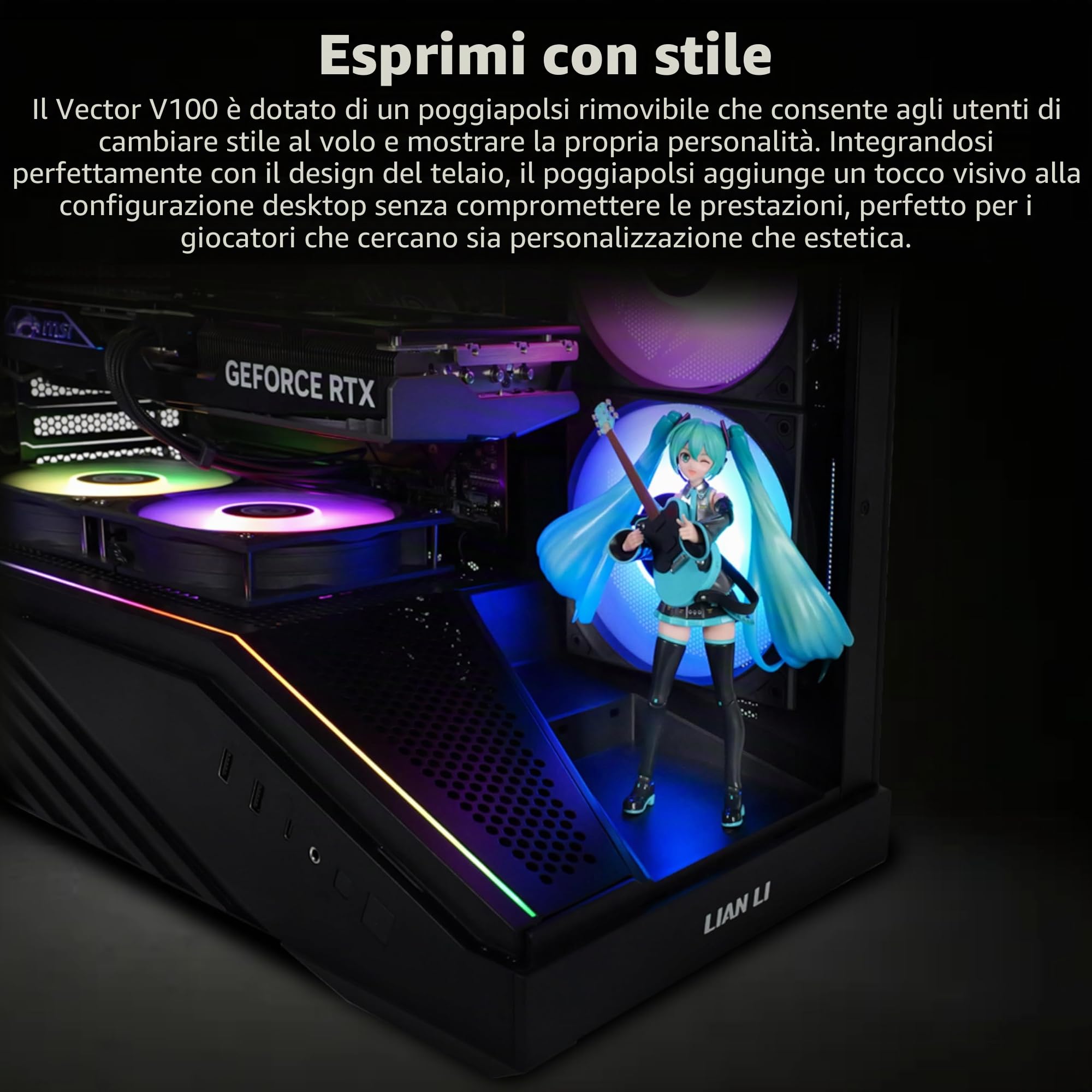 Lian Li Case per PC Mid-Tower V100 ATX, striscia LED RGB, design della piattaforma display con vetro temperato, supporto GPU da 415 mm, radiatore da 360 mm, I/O laterale e flusso d'aria ottimizzato