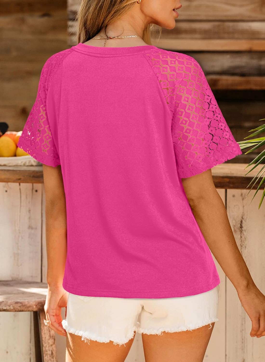 Dokotoo Women's V Neck Lace Short Sleeve Tops Casual Raglan T Shirts Summer Tunic Blouses - Image 2