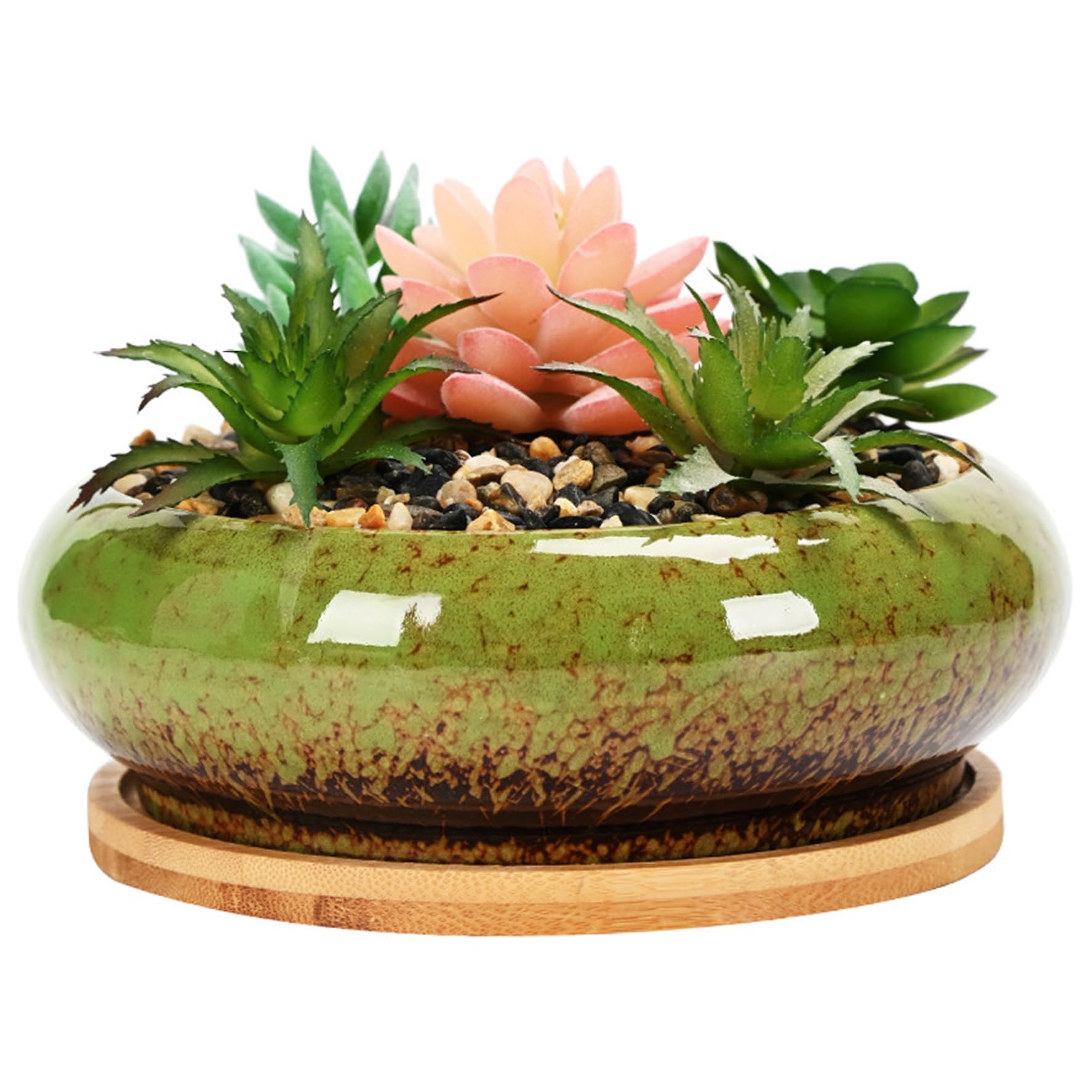 Fkngcp Green Succulent Plant Pot 6.14X2.20in Bonsai Pot With Tray Shallow Succulent Planters Round Glazed Ceramic Pots For Plants With Drainage Bonsai