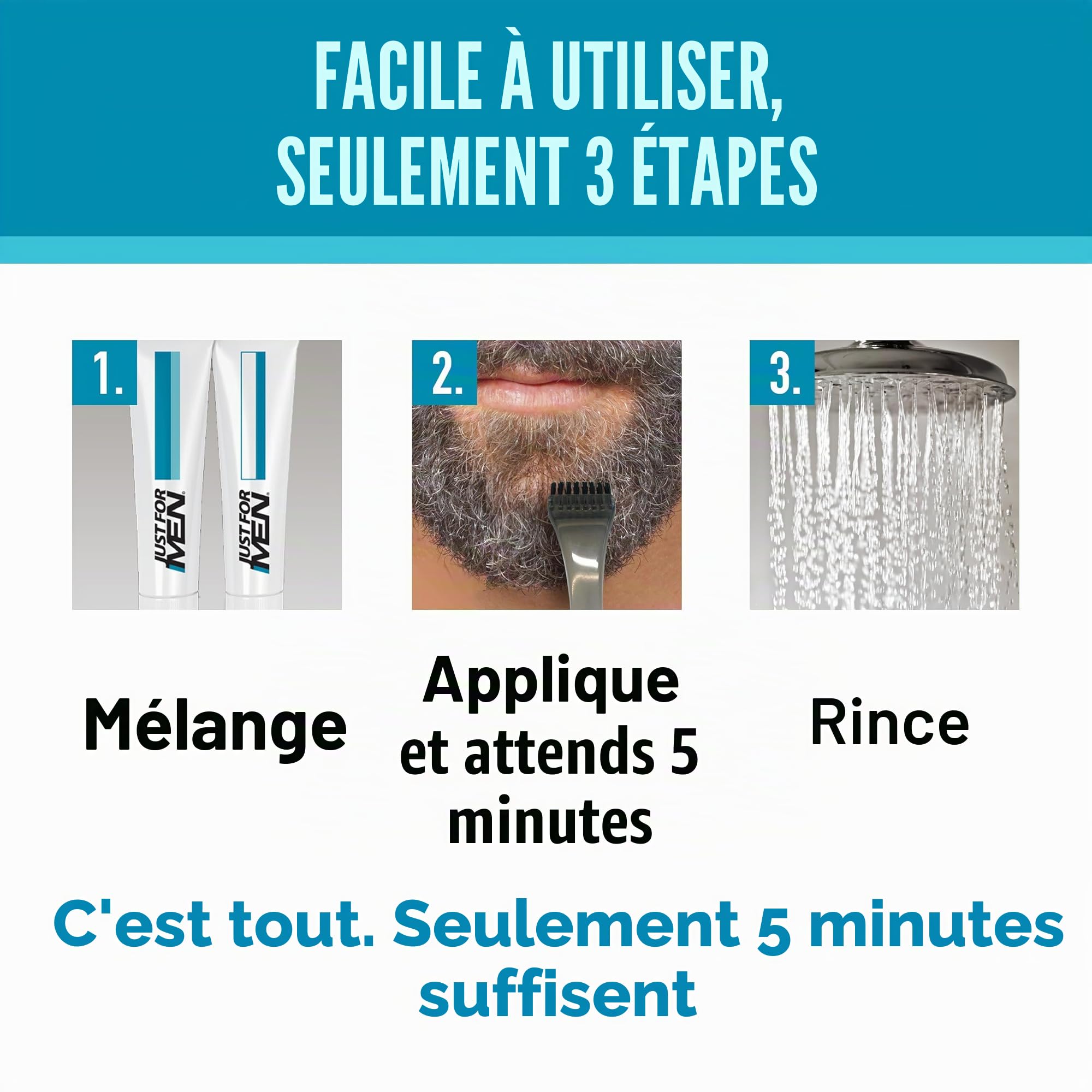Just for Men Barbe & Moustache, Teinture pour barbe homme, couleur châtaigne moyenne, élimination des poils gris, avec peigne applicateur - M35 (3 Pack)