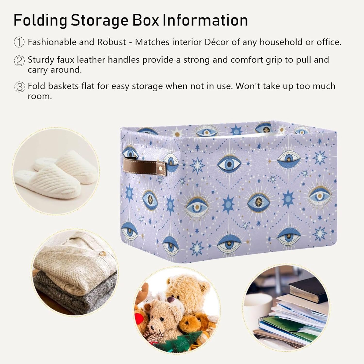 Emelivor Evil Eyes Purple Storage Basket Bins Sturdy Storage Organizer Bins Laundry Basket with Handles for Living Room Clothes Closet Shelf Livingroom,1 pcs