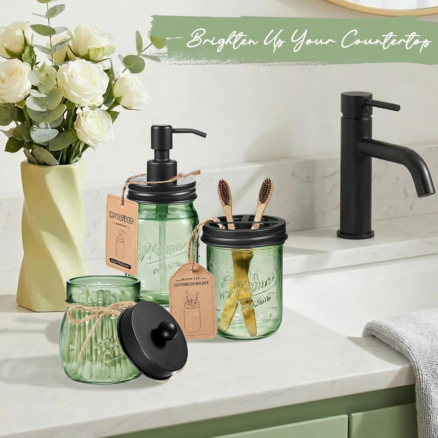 SheeChung Mason Jar Toothbrush Holder, Green Glass Toothbrush Holders for Bathrooms, Electric Toothbrush Toothpaste Holder, Black Toothbrush Organizer Storage, Stainless Steel Lid, Farmhouse Decor