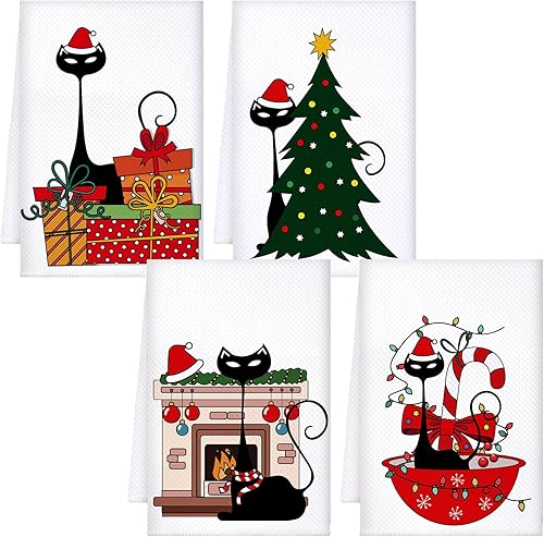 Tudomro Juego de 4 toallas de cocina modernas de Navidad de mediados de siglo con diseño de gato negro, decorativas, 16 x 24 pulgadas, suaves,