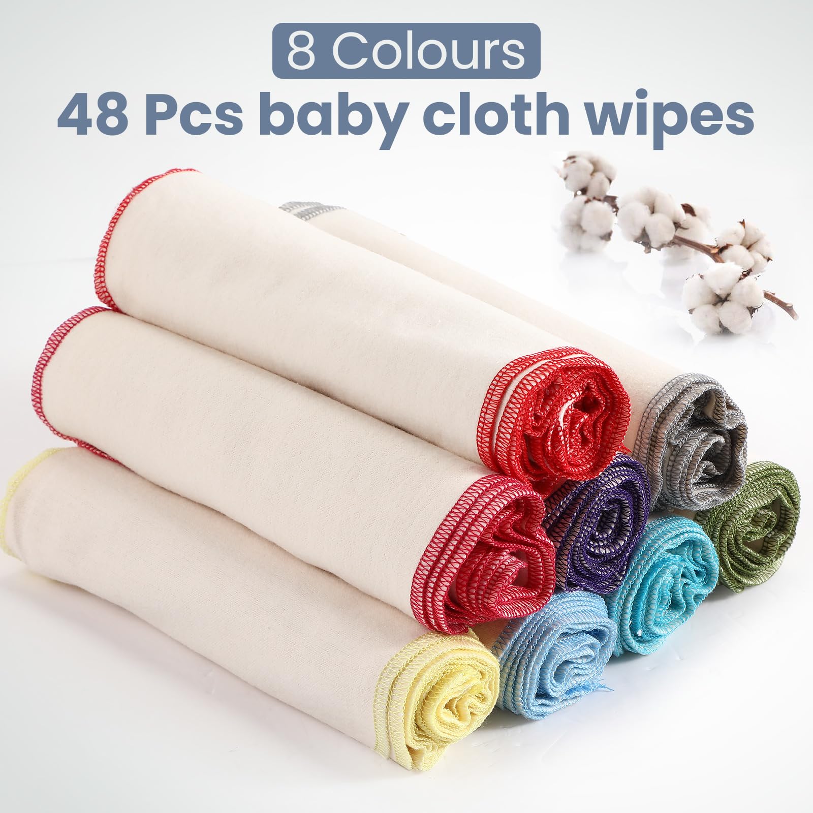 Mixweer 48 chusteczek flanelowych wielokrotnego użytku, zmywalne, naturalne, niewybielane, miękkie, wytrzymałe chusteczki, 8 kolorów, zewnętrzne szwy, 20 x 20 cm