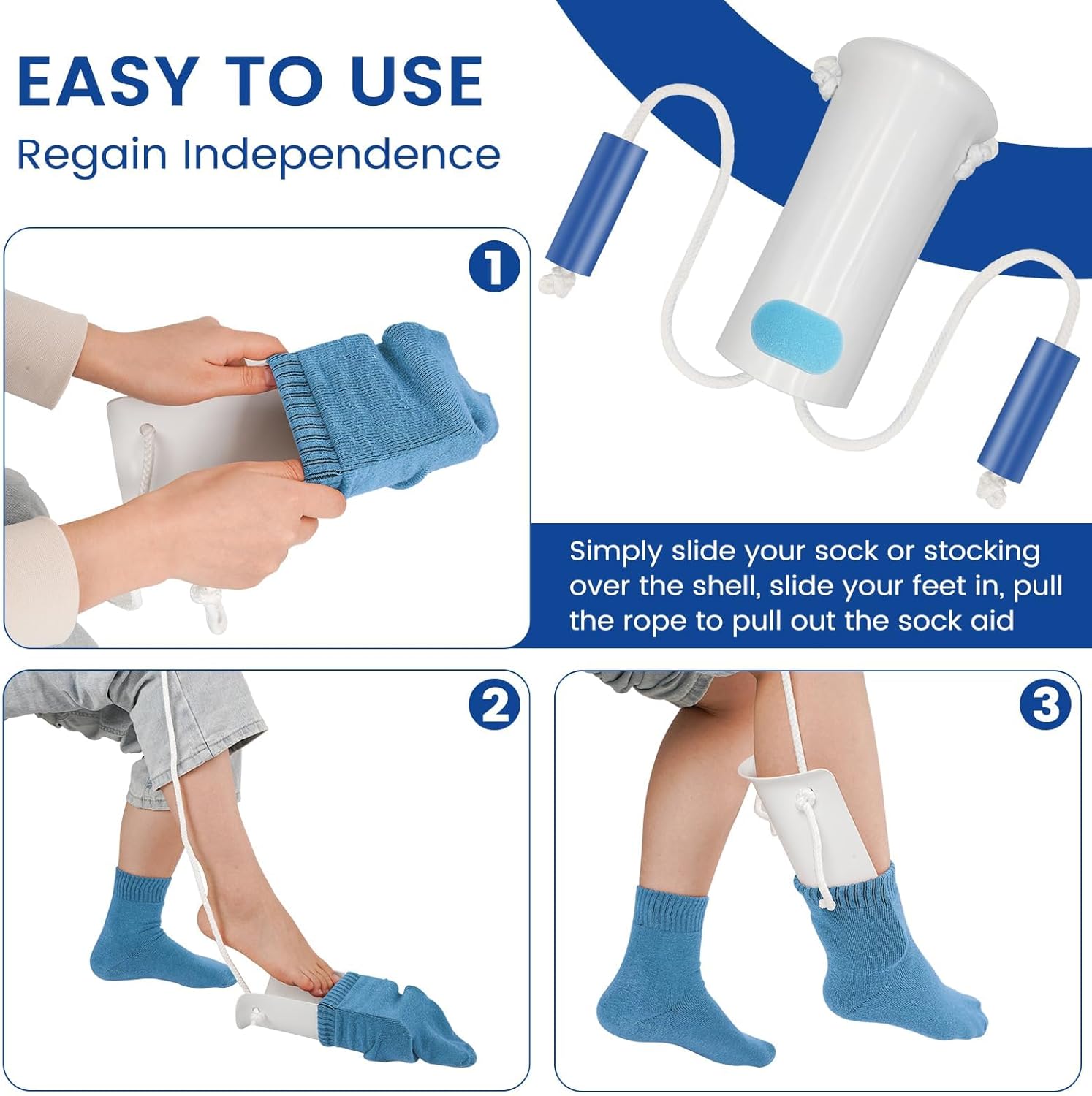 Jellas Sock Aid Kit, Flexible Sock Aid Device with Long Rope - Sock Puller aid Easy on and Off Device for Putting On and Removing Socks or Stockings, Sock Helper for Independence and Comfort (White)