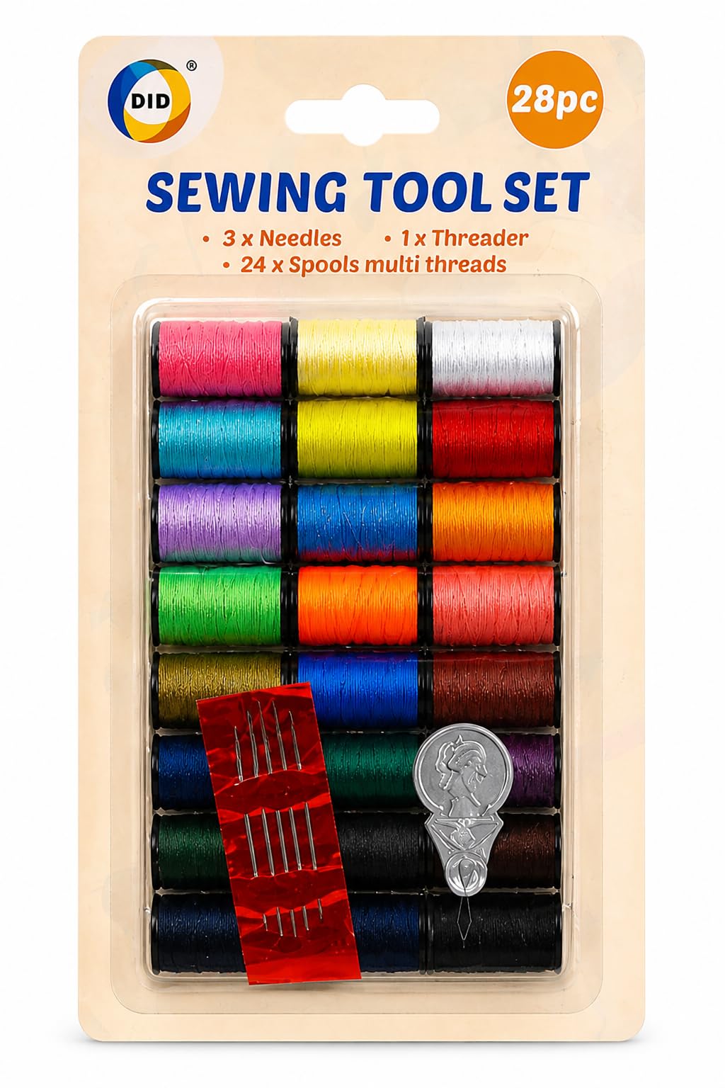 DID 28-Piece Sewing Thread Set with Needles and Threader, Multi-Colour