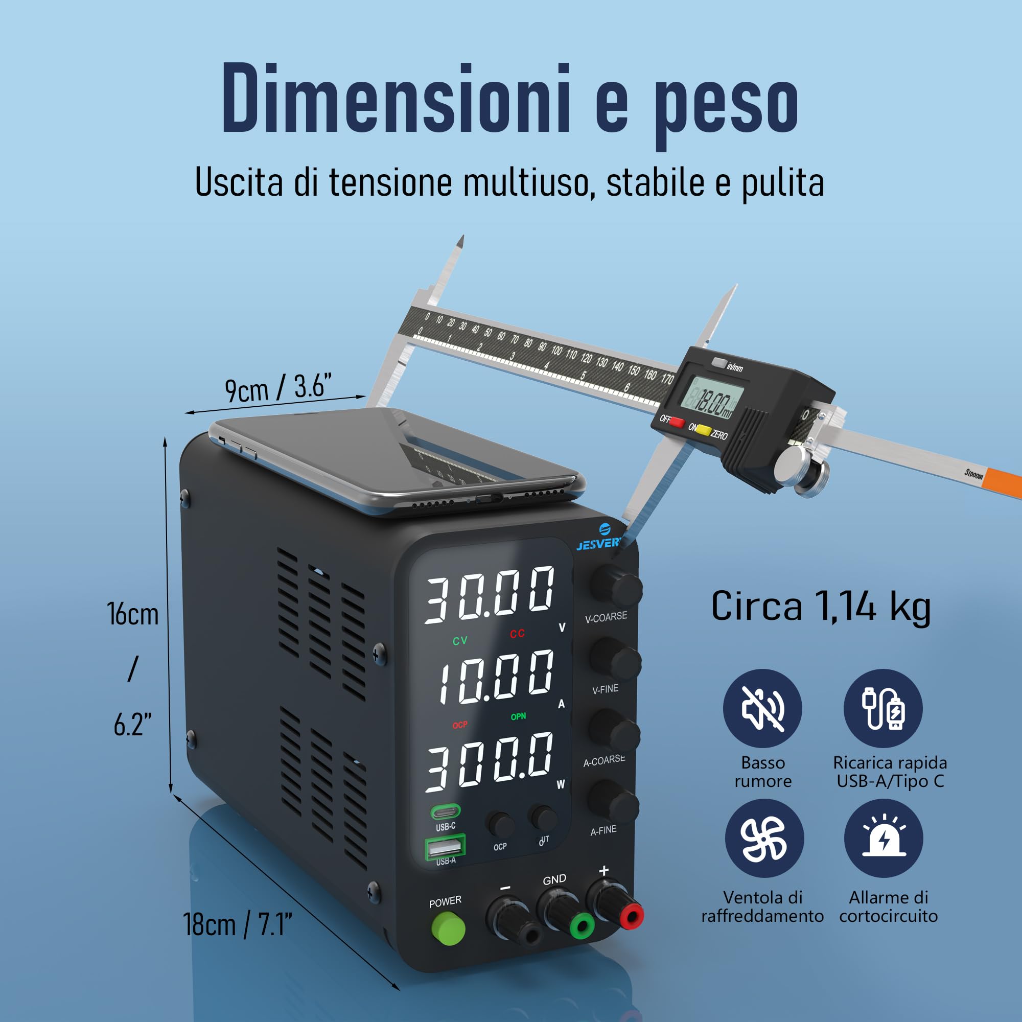 Alimentatore da Banco Variabile 32V 10A SPS-3010V con Ricarica Rapida USB Type-C 20W