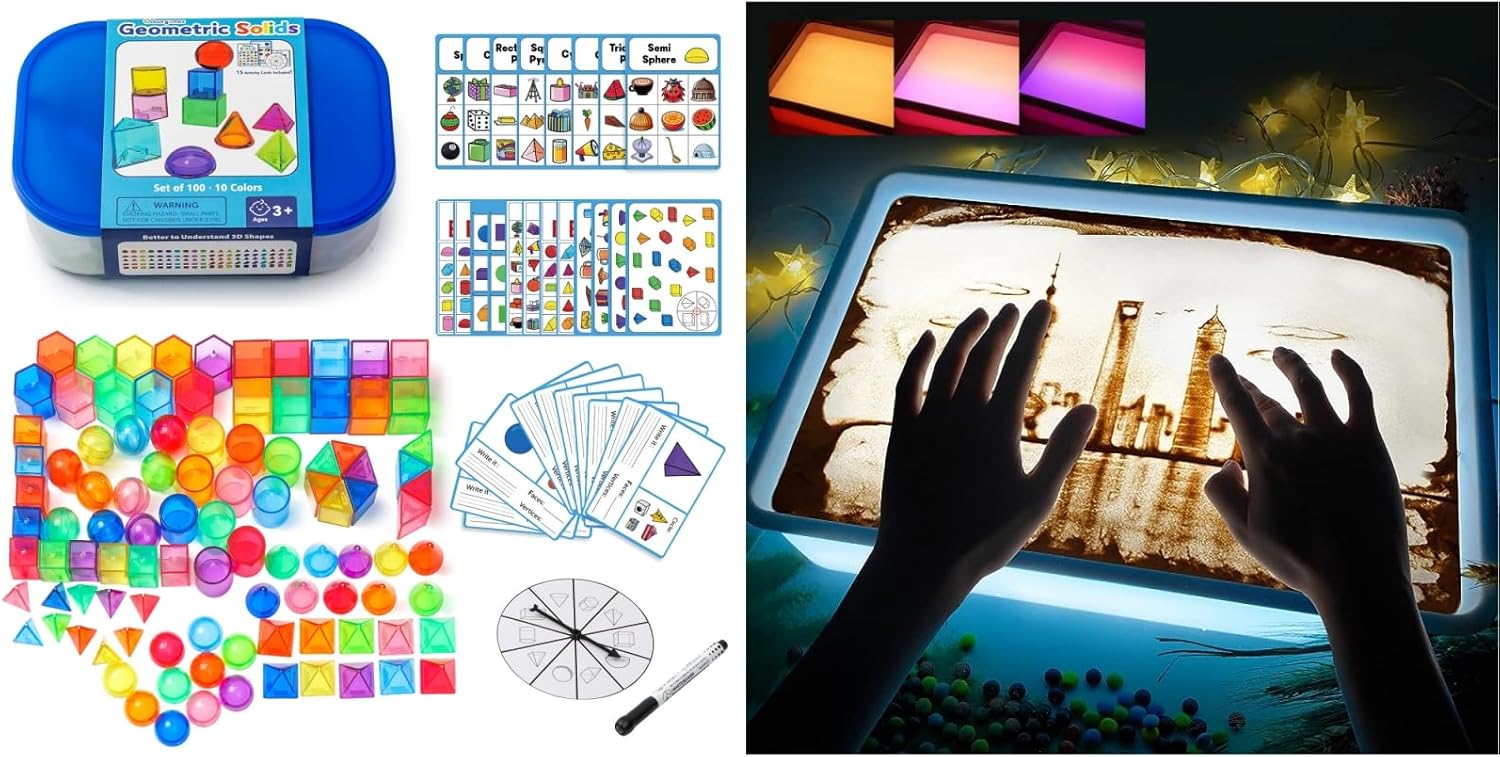 100 Pcs 3D Shapes for Teaching - Geometric Solids for Classroom + Sand Painting Light Box, Light Table for Kids