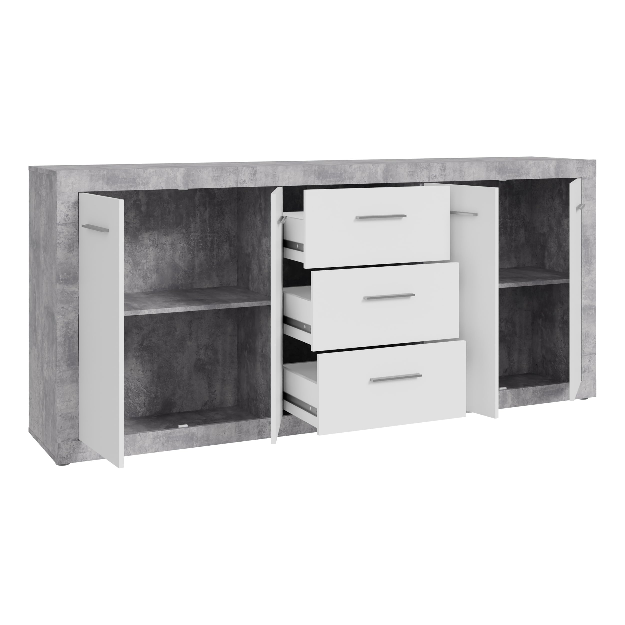 Forte FINLEY Sideboard 200 210, modernes Sideboard mit viel Stauraum, 4-türig, 3 Schubladen, Wohnzimmer, Flur, Schlafzimmer, Holzwerkstoff, Weiß| Betonoptik, 207,1 cm breit x 91,9 cm hoch x 41 cm tief