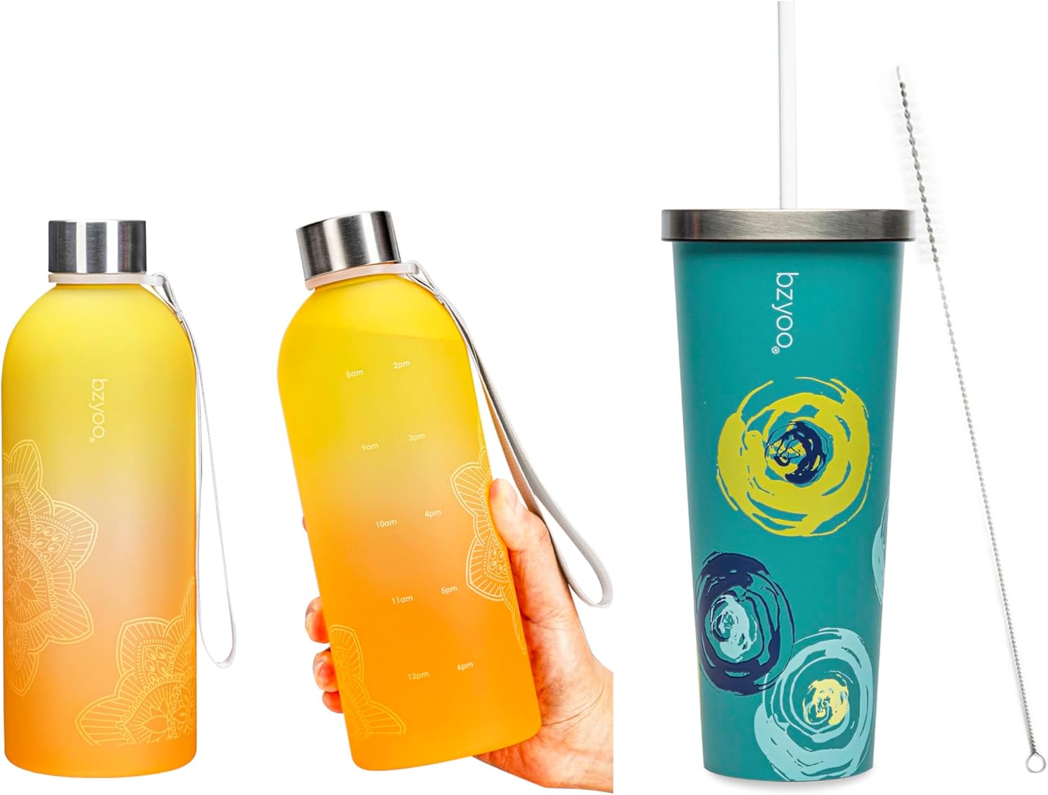 bzyoo 32 OZ 1 Liter Time Marker Water Bottle BPA Free Frosted Durable Plastic With Strap&SUP Double Wall Vacuum Insulated Tumbler with Straw and Lid Stainless Steel Water Bottle