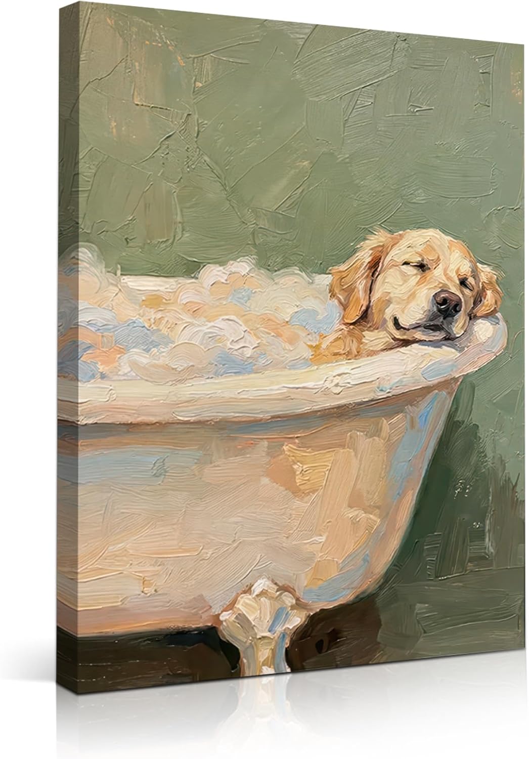 Funny Dog Bathroom Canvas Wall Art Golden Retriever Sleeping in Bathtub Wall Decor Cozy Dog Spa Pictures Cute Whimsical Animal Posters Prints for Bathroom Washroom Restroom 16x24in Framed