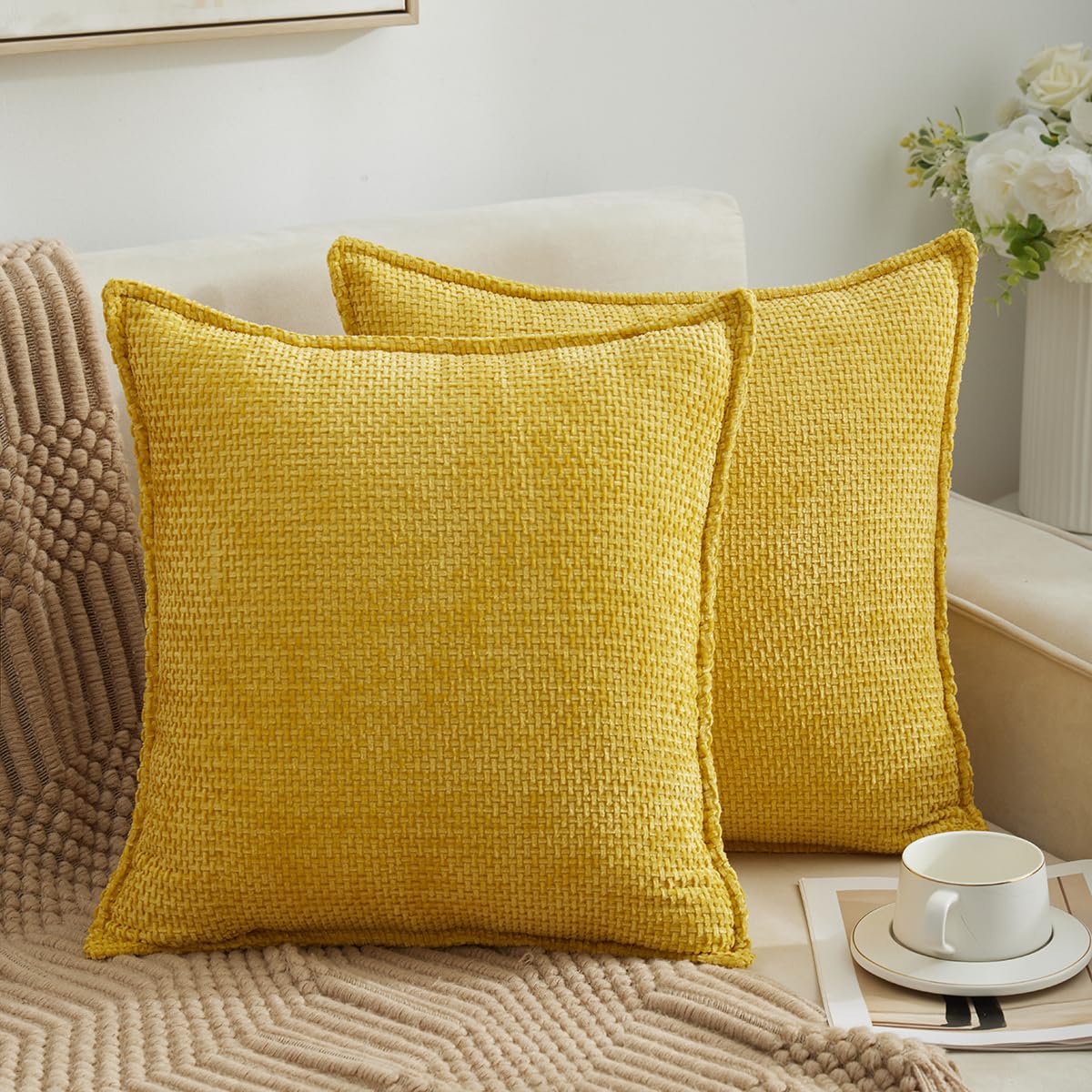 ZSkogur 2 Yellow Decorative Throw Pillow Covers 20 * 20 inches for Living Room Sofa Bed Farmhouse Fall Home Boho Decor Soft Corduroy Stripe Patchwork