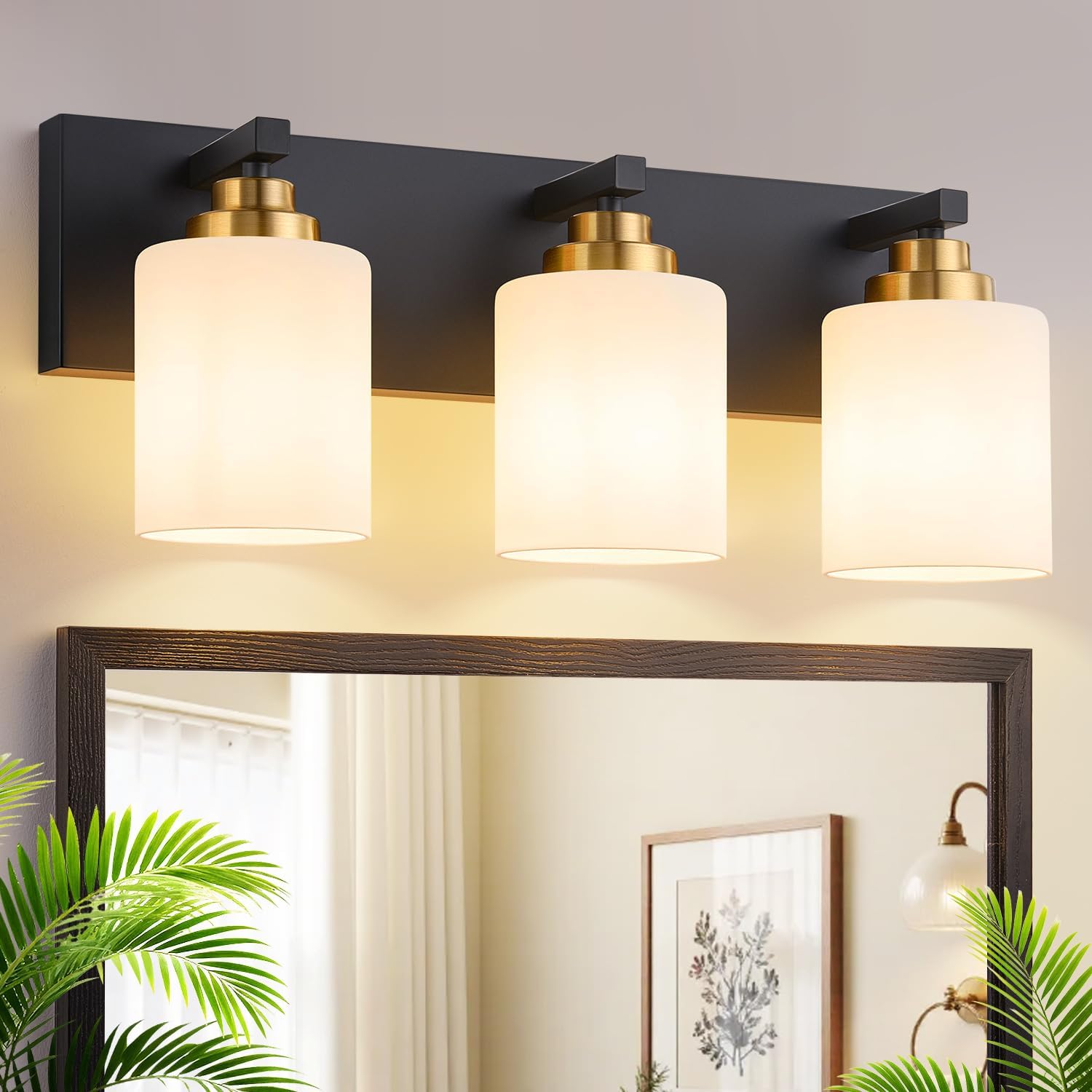 Vanity Lights for Bathroom, 3-Light Black and Gold Bathroom Vanity Light Over Mirror with Milky White Glass Shades, Modern Bathroom Light Fixtures for Living Room Hallway Cabinet (Bulbs Not Included)