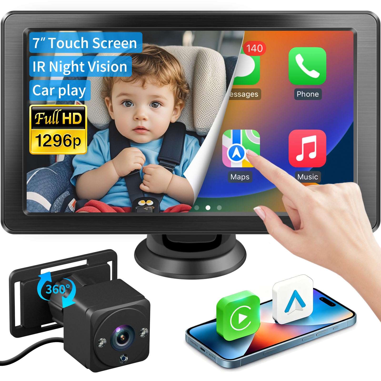 Baby Car Camera 1296P HD Car Baby Monitor with 7 Touchscreen CarPlay No Glow Night Vision 150 Wide