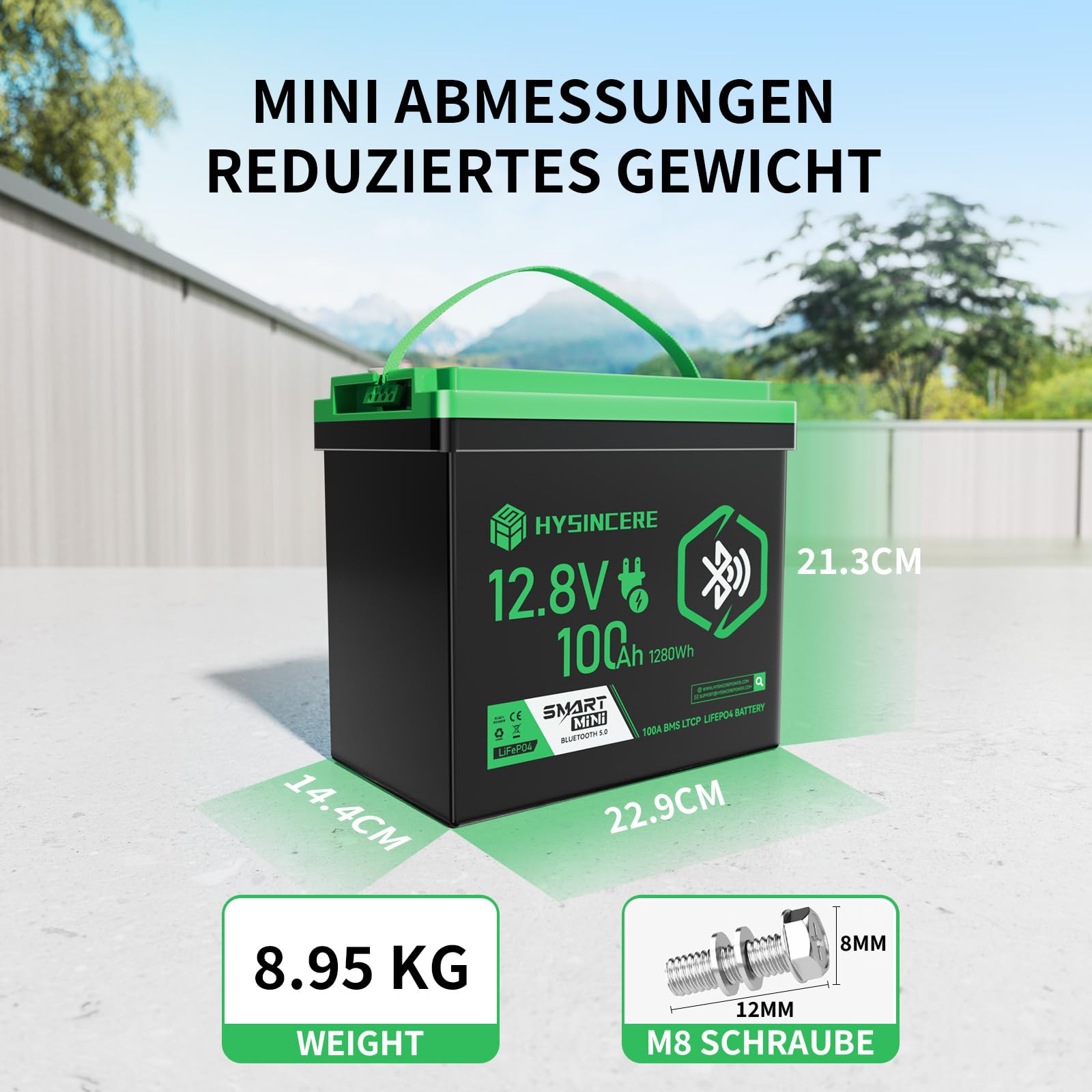 Batería LiFePO4 12V 100Ah con Bluetooth, BMS de 100A Integrado, IP67 Impermeable, hasta 15000 Ciclos, Batería de Ciclo Profundo de Litio para Autocaravana, Solar y Marina