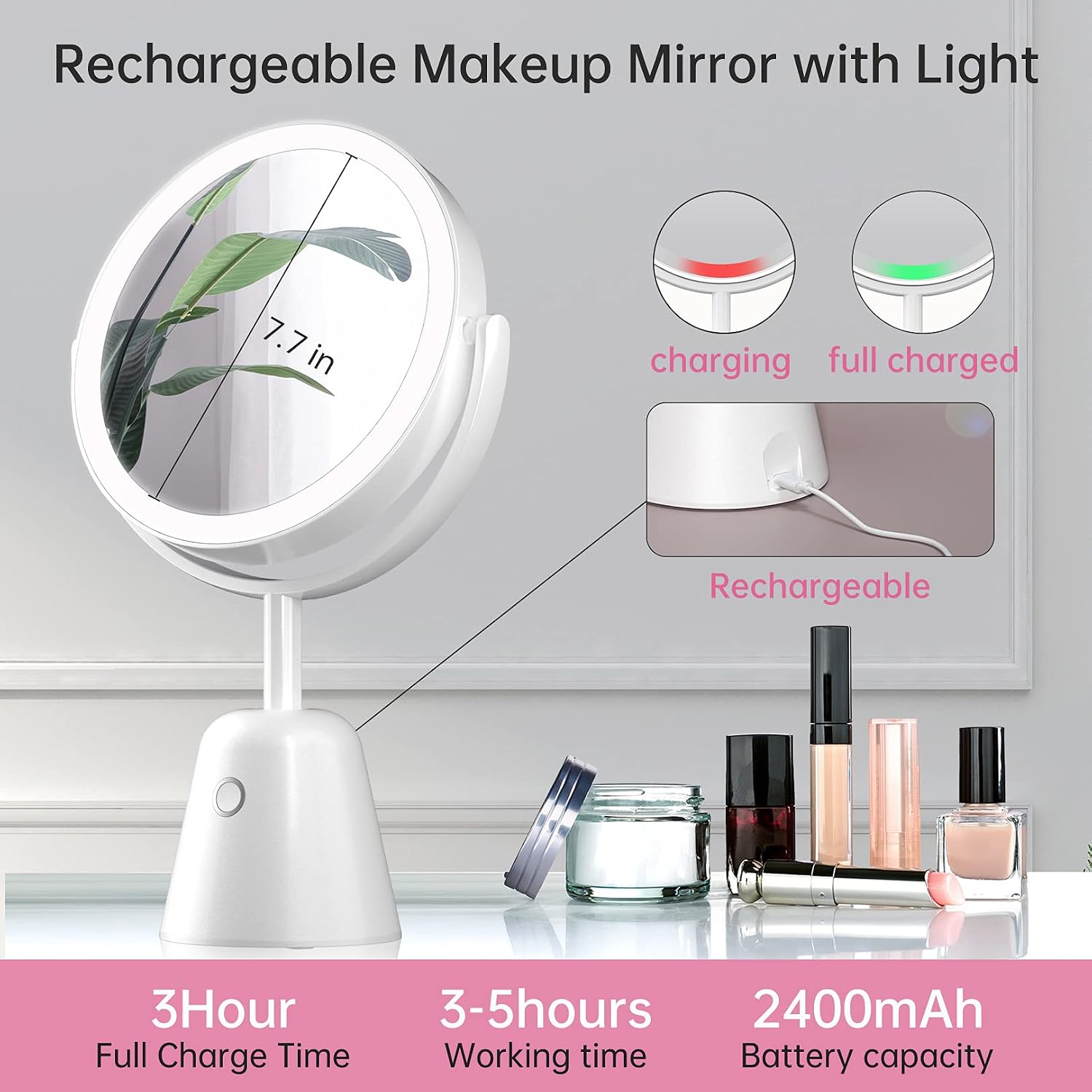 FASCINATE Lighted Makeup Mirror 1X/7X Magnifying Vanity Mirror with Lights 3 Color Double Sided Beauty Mirror Magnification Rechargeable 270°Rotation Led Tabletop Cosmetic Mirror Adjustable Height