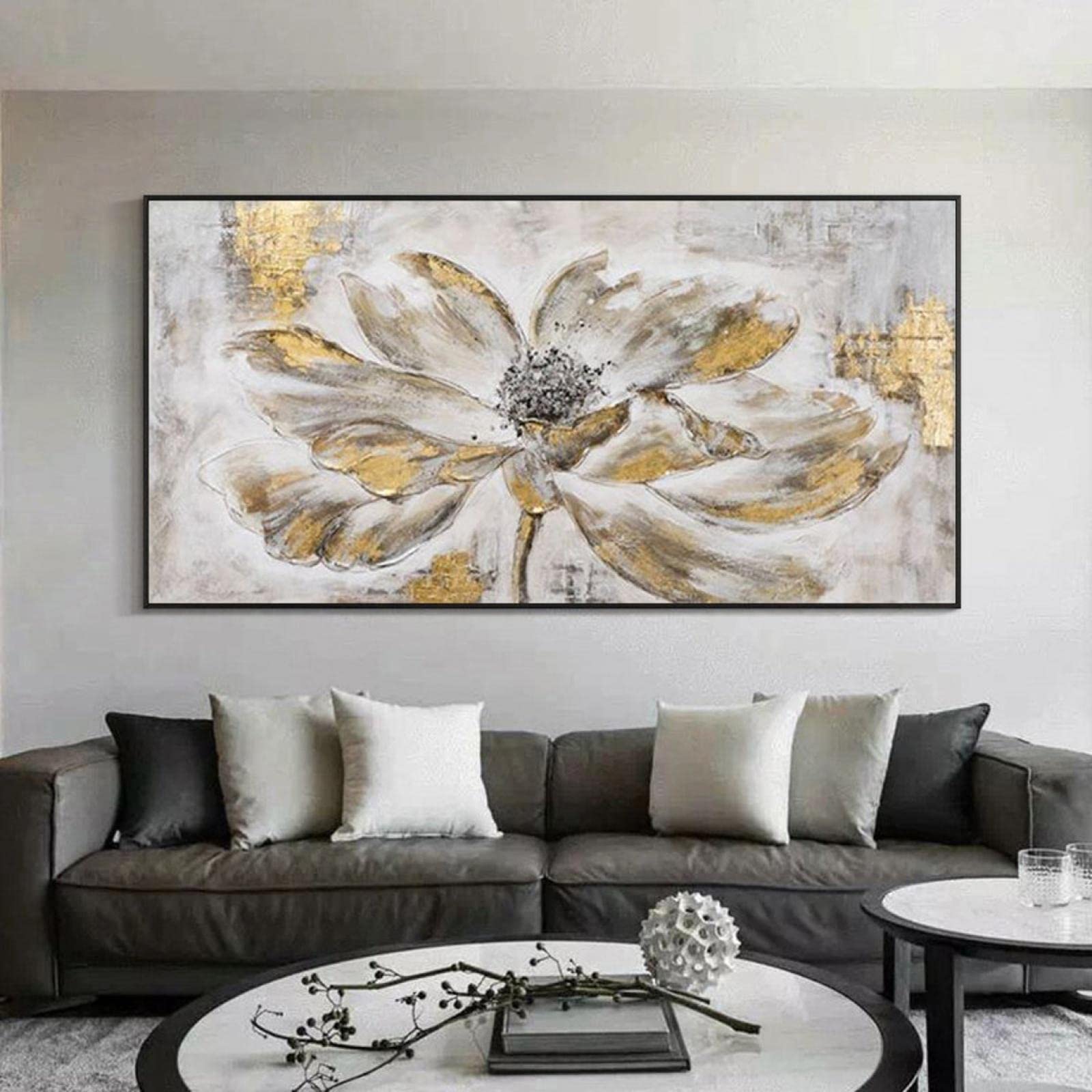 Große Blattgold-Blumen-gerahmte Wandkunst-Ölgemälde-abstrakte graue Blumenkunst-Malerei-Goldfolien-Wand-Kunst-moderne Hauptdekor-30x60cm(12x24in) mit Rahmen