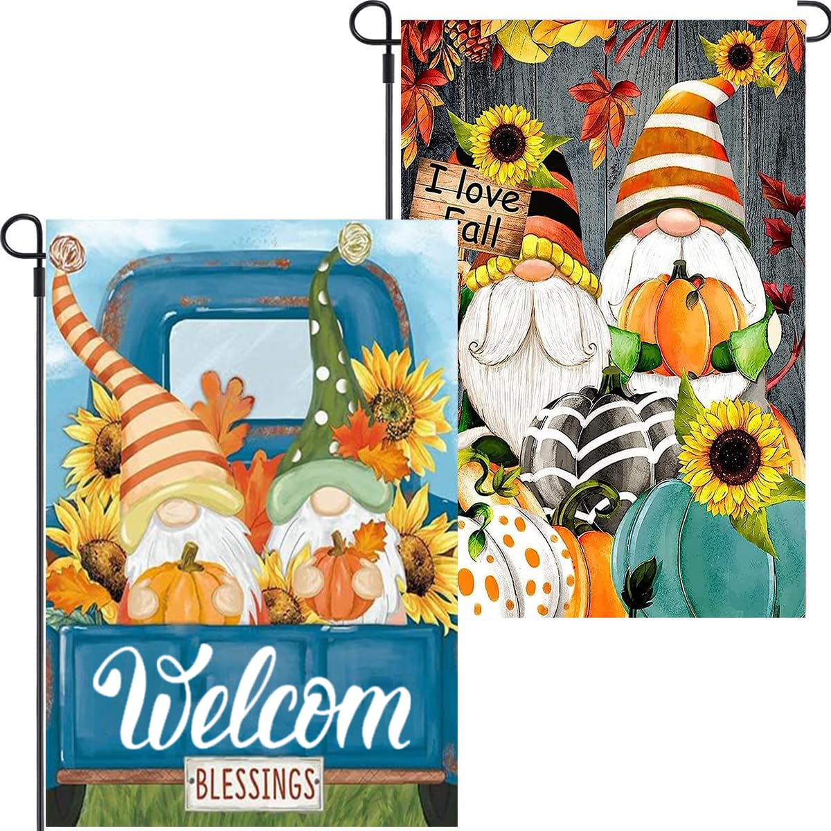 2 Pack Fall Garden Flag 12x18 Double Sided，Thanksgiving Gnomes with Pumpkin Picture Garden Flags for Seasonal Holiday Outdoor Decor