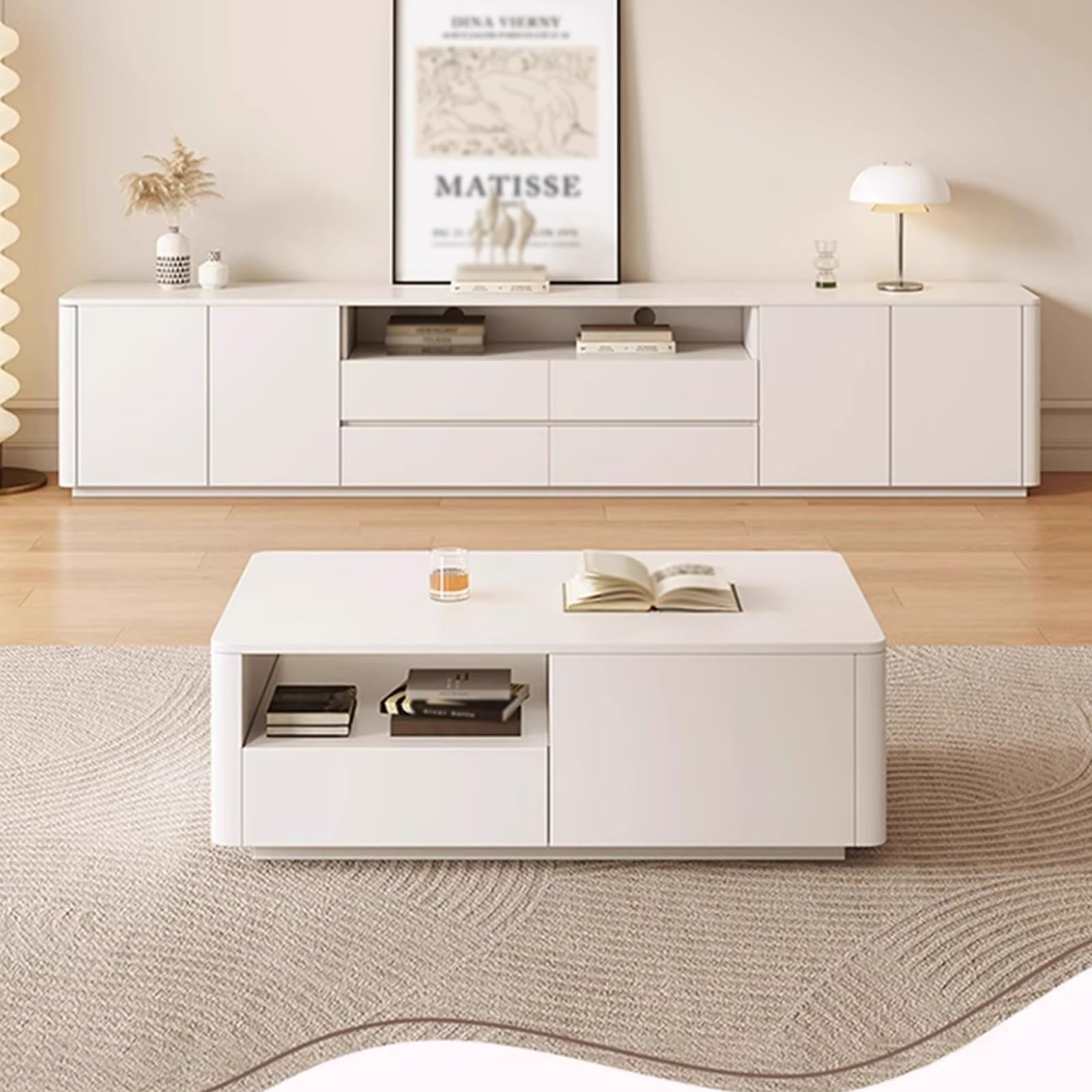Mobile TV Bianco Moderno per Soggiorno in Legno massello Eco-Board, Grande capacità e Spazio di archiviazione Multiplo, Design Senza Maniglie nascoste, Mobile TV sospeso per soggio